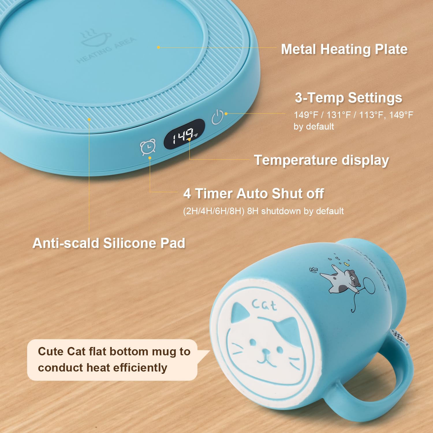 Calentador de taza de café y lindo juego de tazas de gato, calentador de tazas de velas para el hogar y la oficina, calentador de café inteligente eléctrico para escritorio, calentador de taza 5