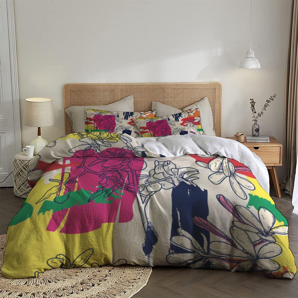 NIBAINLO 布団カバーファンキーなブラシストロークで描かれたプルメリアフランジパニ 肌に優しい ピーチスキン加工 掛け布団カバー 和式 洋式 あったか 布団カバーセット リバーシブル ホームステイ ホテル 家庭兼用