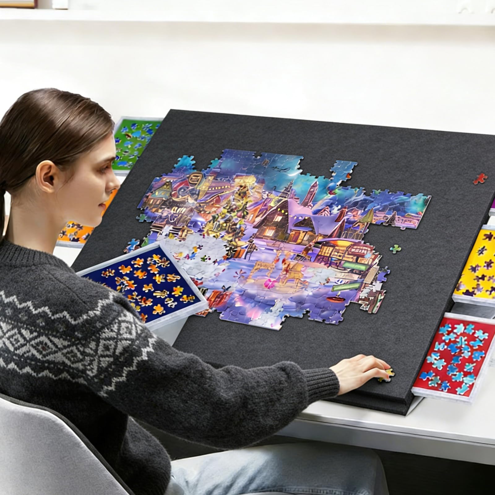 Planche De Puzzle Portable en Feutre,Table De Puzzle avec Rangement,Plateau De Puzzle Inclinable 2 en 1,Planche Puzzle Pliable,avec 6 Tiroirs CatéGoriséS,pour Jusqu'à 2000 PièCes