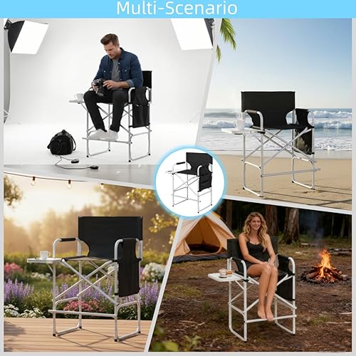Miniatura 8 de Silla de director plegable de 41 pulgadas de alto con reposapiés, mesa auxiliar y portavasos, portátil para campamento, pesca, estudios de