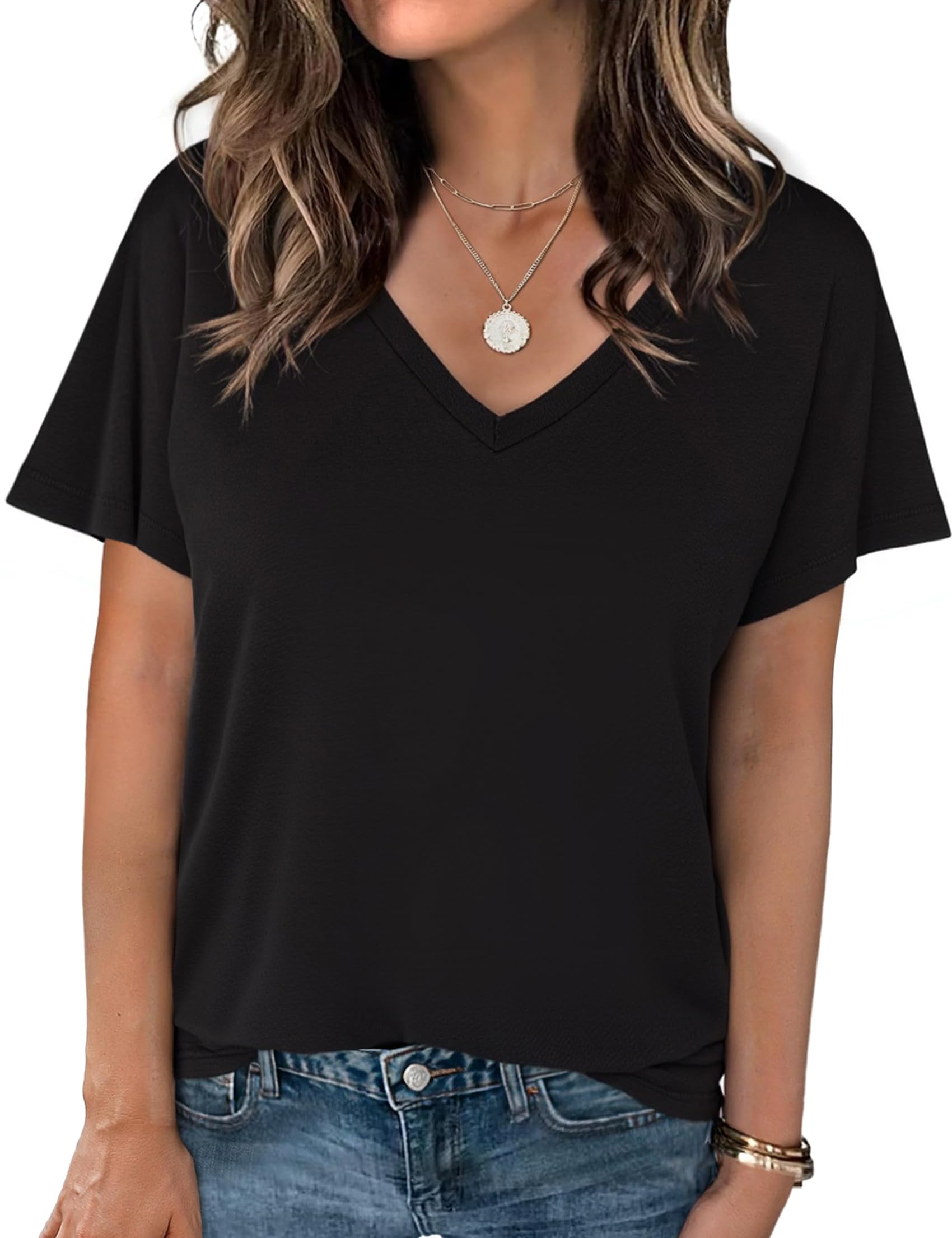 Crewhpo T Shirt Damen Kurzarm Einfarbige Shirts Sommer Basic Shirt Kurzärmeliges Casual Top Stretch Baumwolle Oberteile Lockeres Elegant