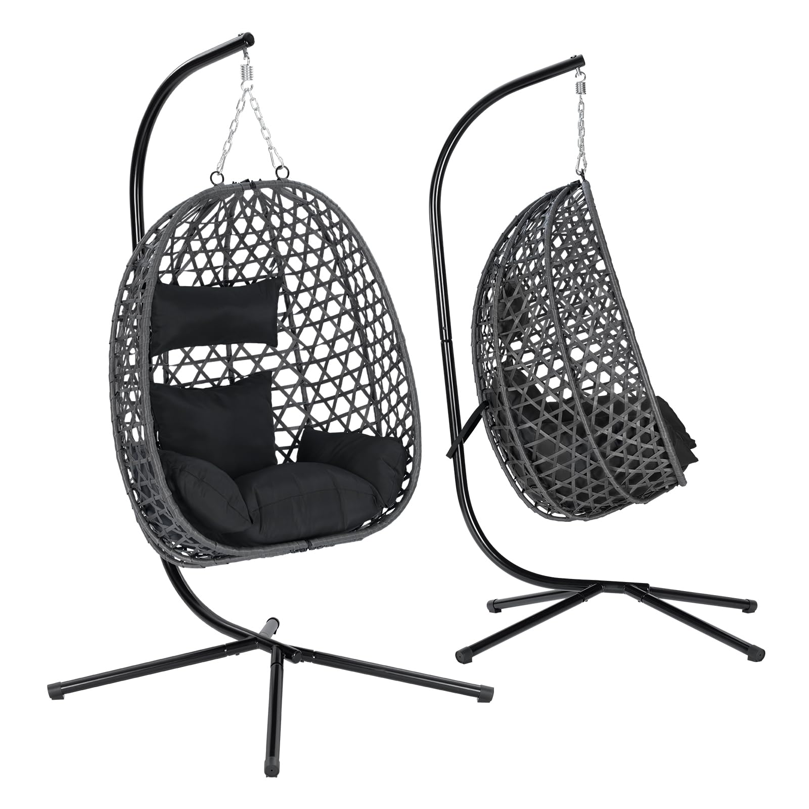 WOLTU Fauteuil Œuf Suspendu, Chaise Hamac Balançoire, avec Support en Métal, Coussin de Siège et Appui-tête, Charge 150 kg, Rotin PE, pour Jardin, Balcon, Terrasse, 102x100x196cm, Noir