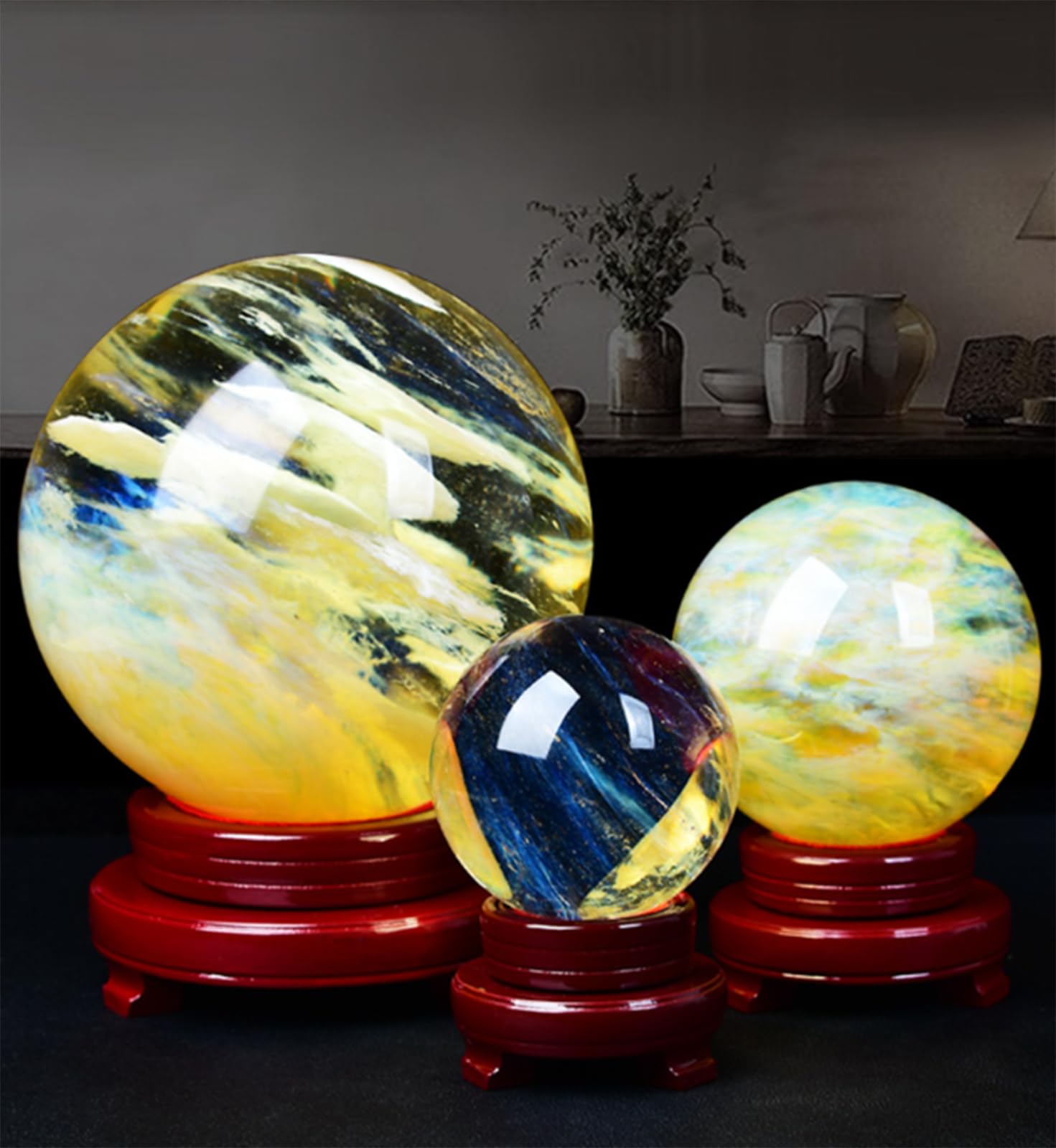 Bola de Cristal de Cuarzo Fundido Amarillo con Soporte de Madera Para Meditación, Esfera de Orbe de Cristal Pulido Natural Para Feng Shui, Adivinación, Magia, Decoración Del Hogar,150mm/5.9in