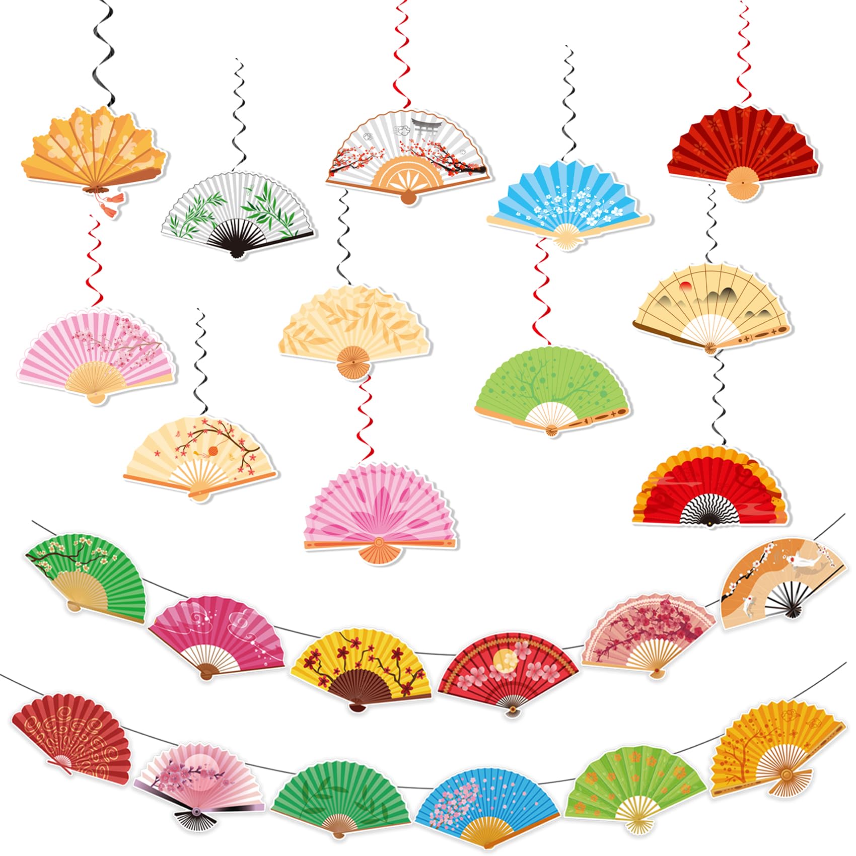 26 Pcs Folding Fans Hanging Swirls Folding Fans Banners Japanese Ceiling Swirls Decorations Hanging Decorations for Birthday Decorations Party Supplies
