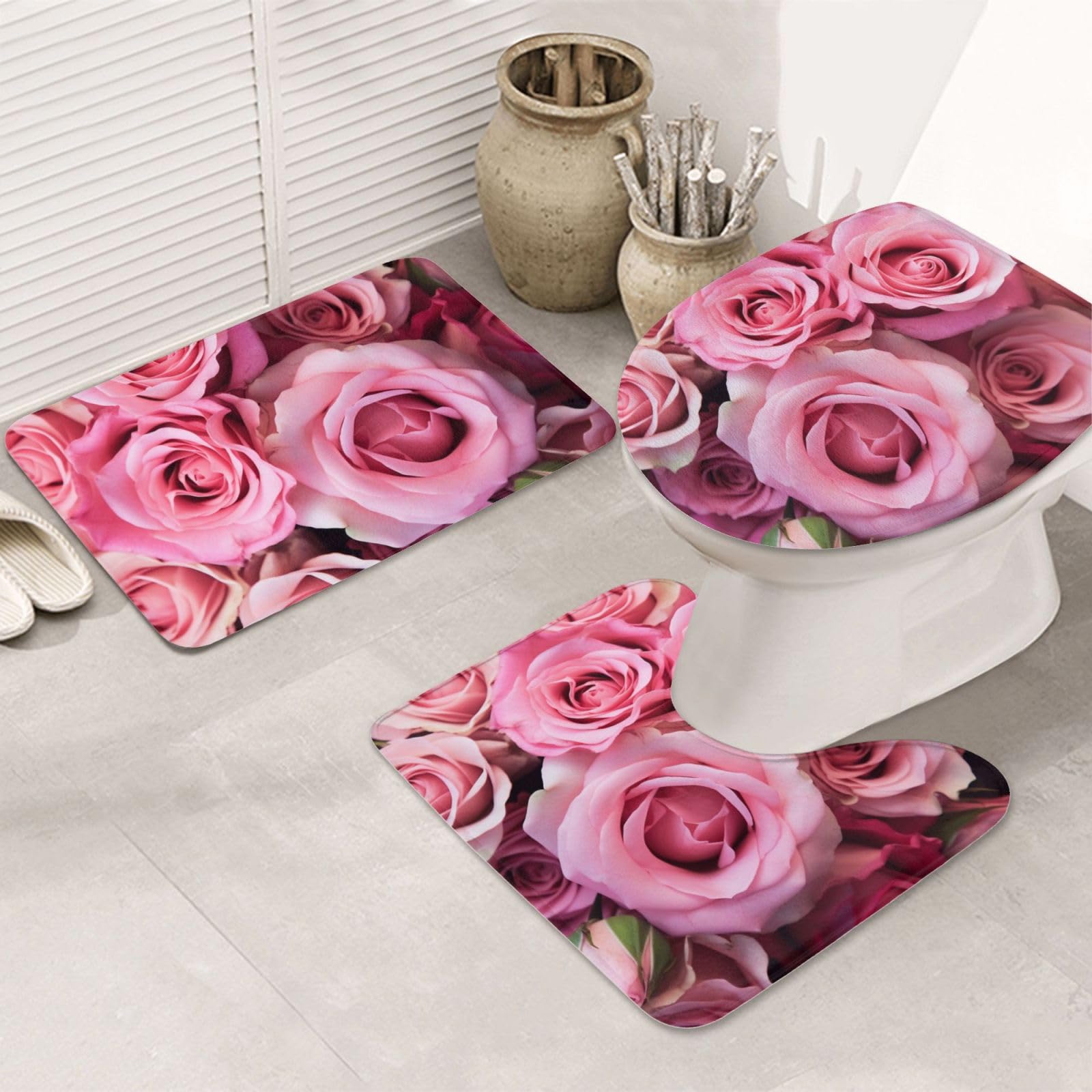 Tapis de bain antidérapants lot de 3 avec contour U et housse rose