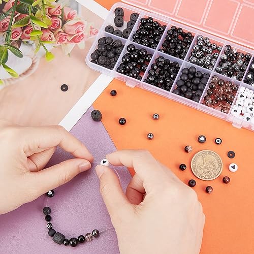 Miniatura 6 de PH PandaHall 522 cuentas redondas de vidrio de 0.315 a 0.315 pulgadas, cuentas de pulsera blancas y negras de roca de lava natural, cuentas