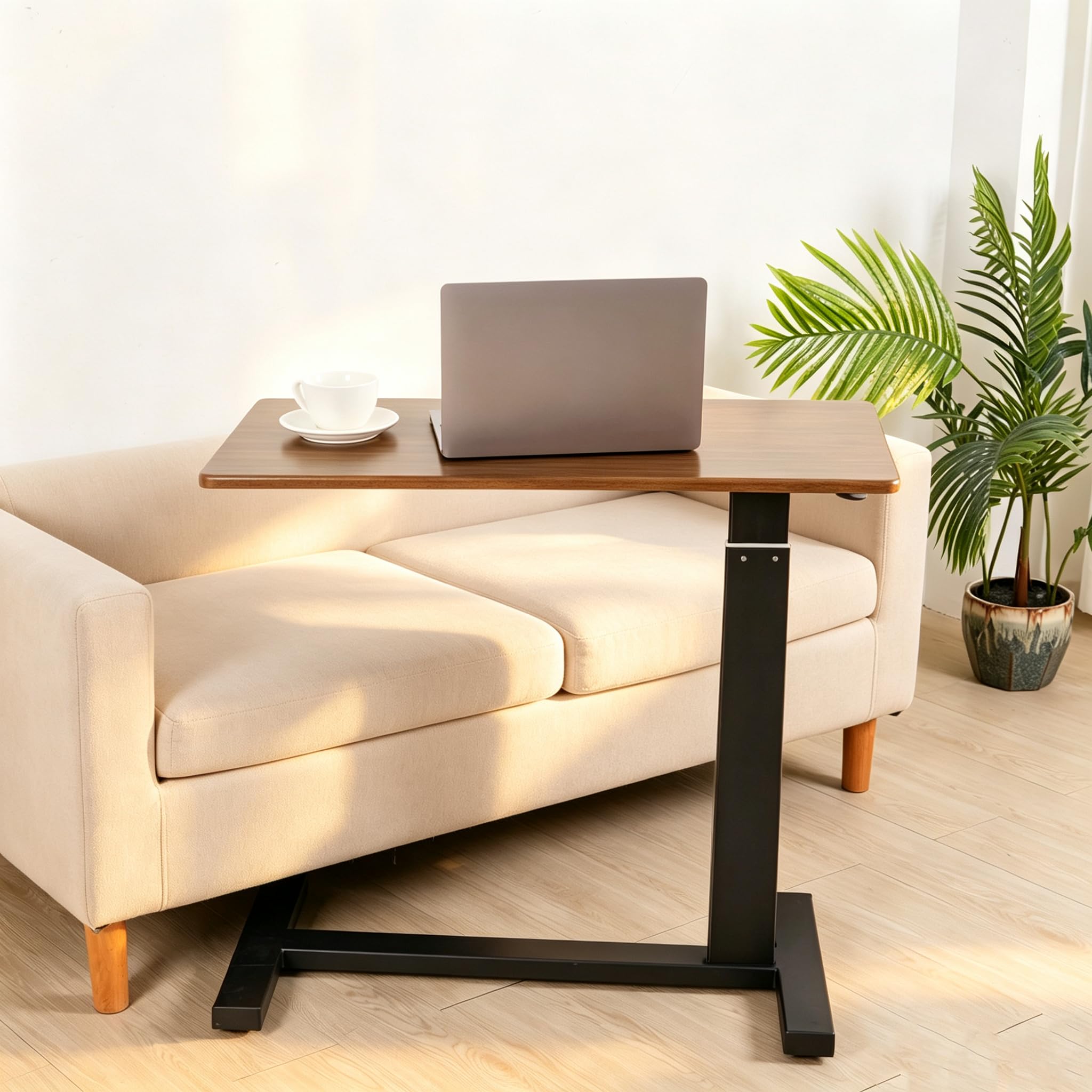 FATIVO Mesa Auxiliar Cama con Ruedas: Mesa Lateral Móvil Portátil en Forma de C de Madera y Metal de Altura Ajustable para Salón Sofá Oficina Mesa de Comer Médica Hospital