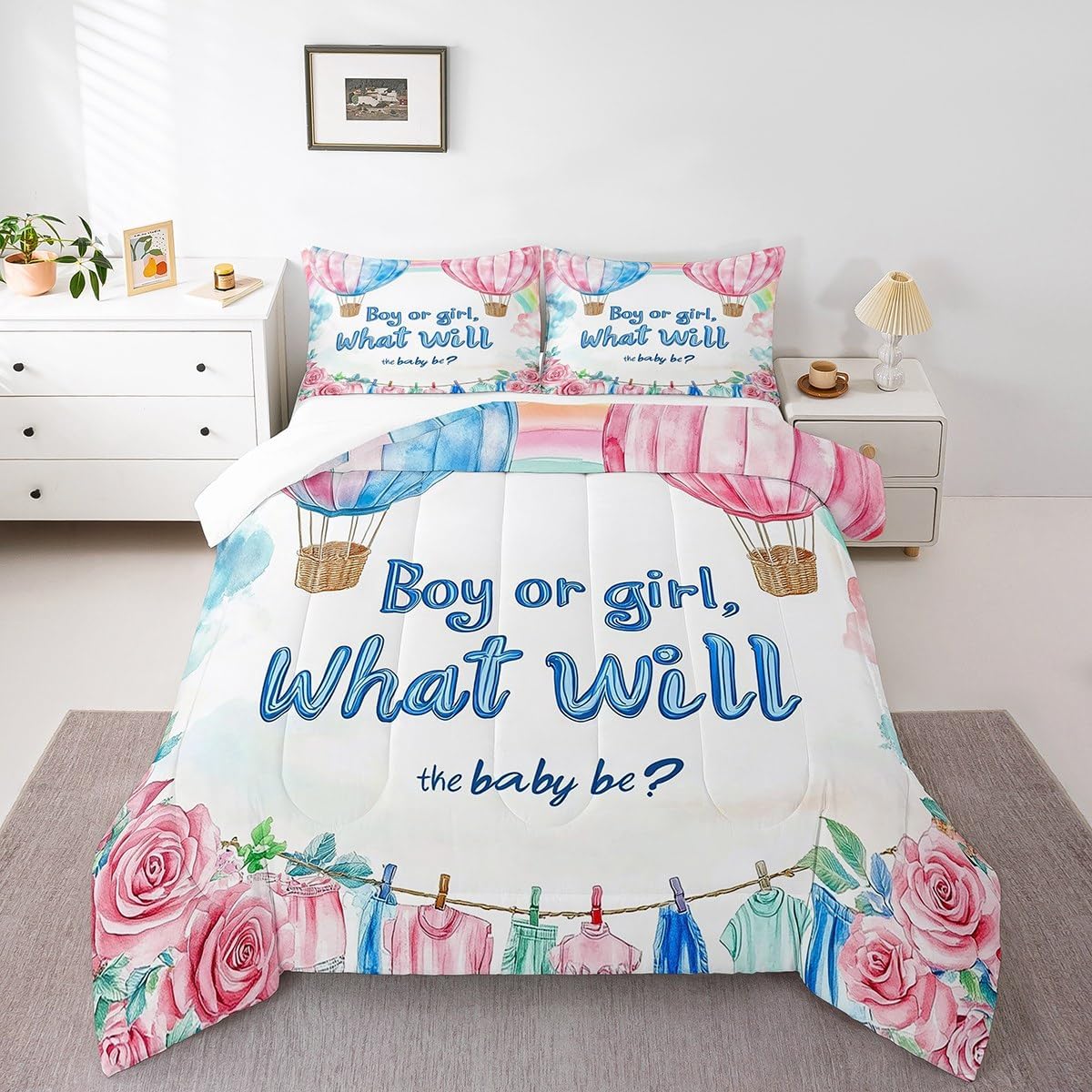 Erosebridal Gender Reveal Toddler Bedding Sets Boy Or Girl Gender Guess Comforter, Pink Flowers Floral Clouds Bed Set Watercolor Rainbow Baby Reveal Decorations Party Duvet Set for Newborn Gifts