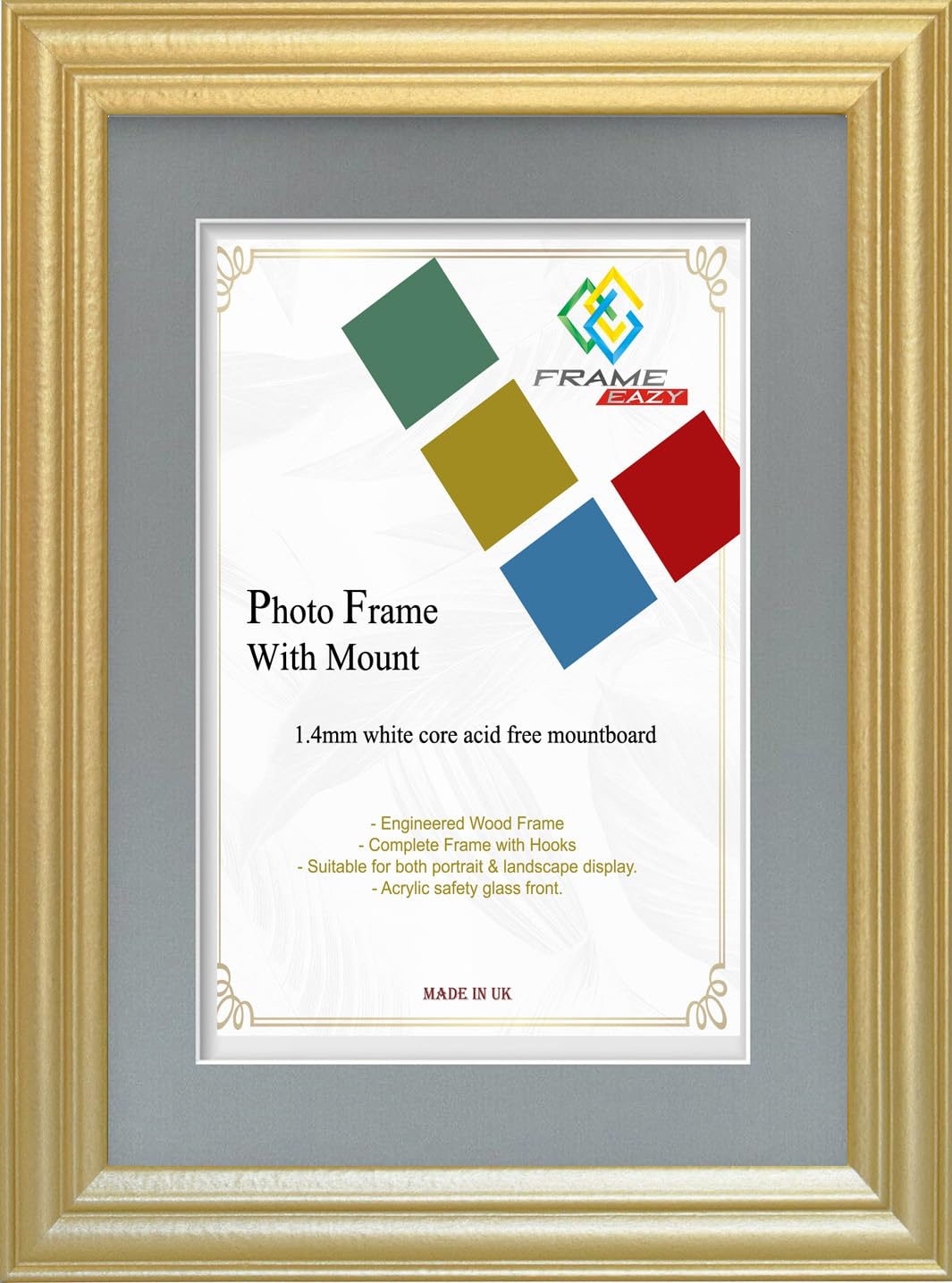 FRAME EAZY Gold 40x30cm Photo Frame with 30x20cm Grey Mount - Antique Style Picture Frame With Safe Perspex Front - 40 x 30 cm For Picture Size 30 x 20 cm