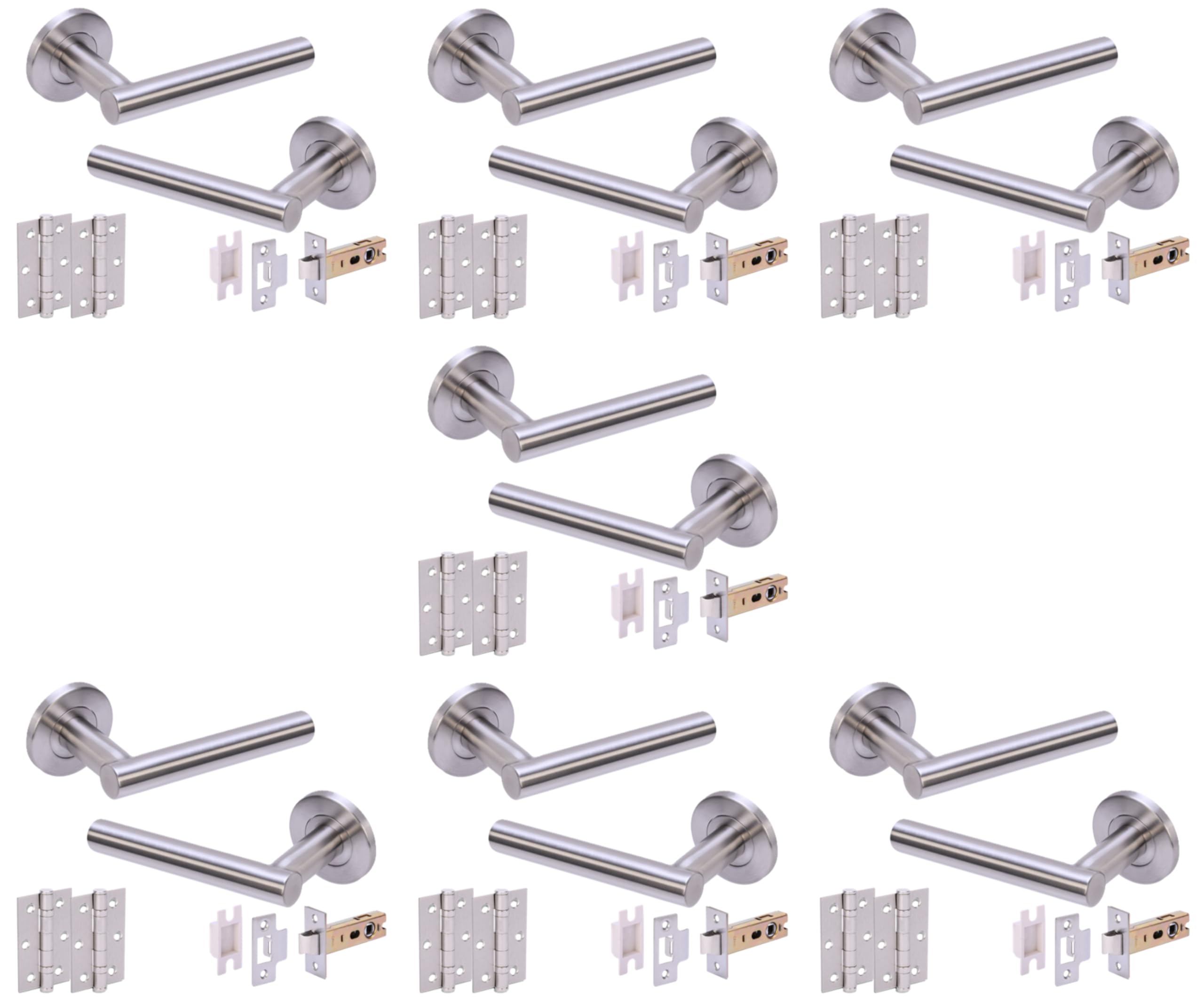 Hunta HANDLEZONE® Rota T-Bar Satin Stainless Steel Passage Door Pack with 76mm Tubular Latch (57mm Backset) & 2 x 76mm Ball Bearing Hinges - 7 Sets