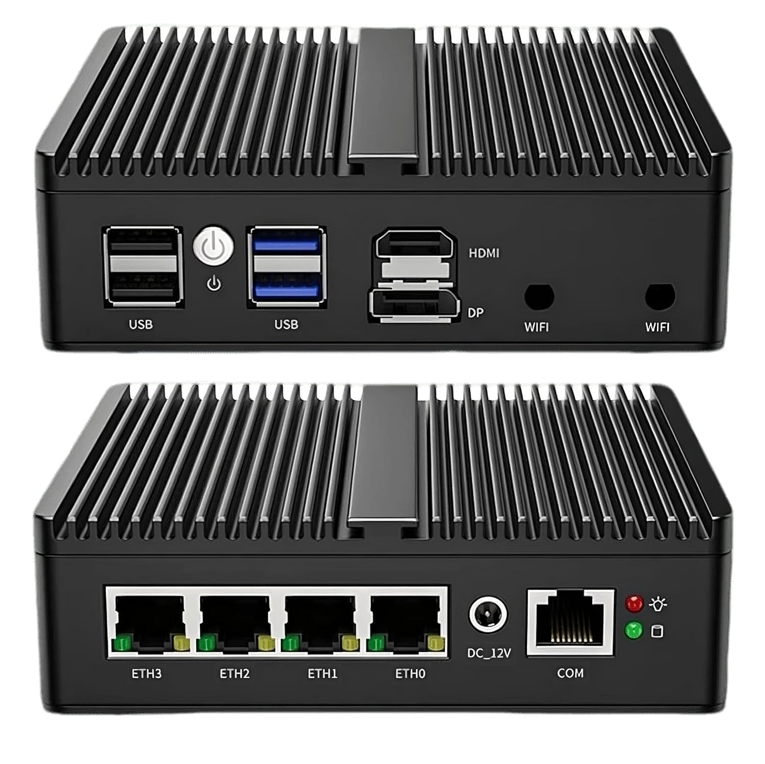 SKULLSAINTS Onyx: 12th Gen N100 Fanless Mini Industrial PC with 4X 2.5G i226 LAN, WiFi 6, DDR5, NVMe, Soft Router Firewall, HDMI2.0, and 13 Ports