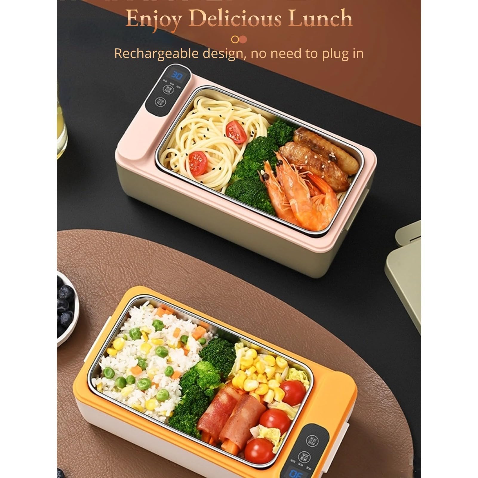 Portapranzo portatile autoriscaldante, 1 l, senza fili, elettrico, 12000 mAh, ricaricabile, con struttura in acciaio inox 304, per auto, ufficio, viaggi, picnic, all'aperto, giallo