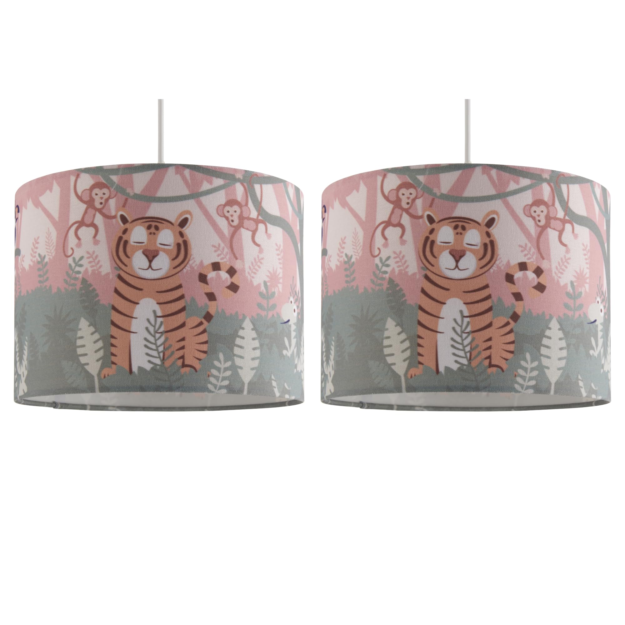 Firstchoicelighting Multi Coloured Set Of 2 Kids Bedroom Or Nursey Lightshades, Fun Easy Fit Pendant Shade, Jungle Safari Design, 25Cm Diameter