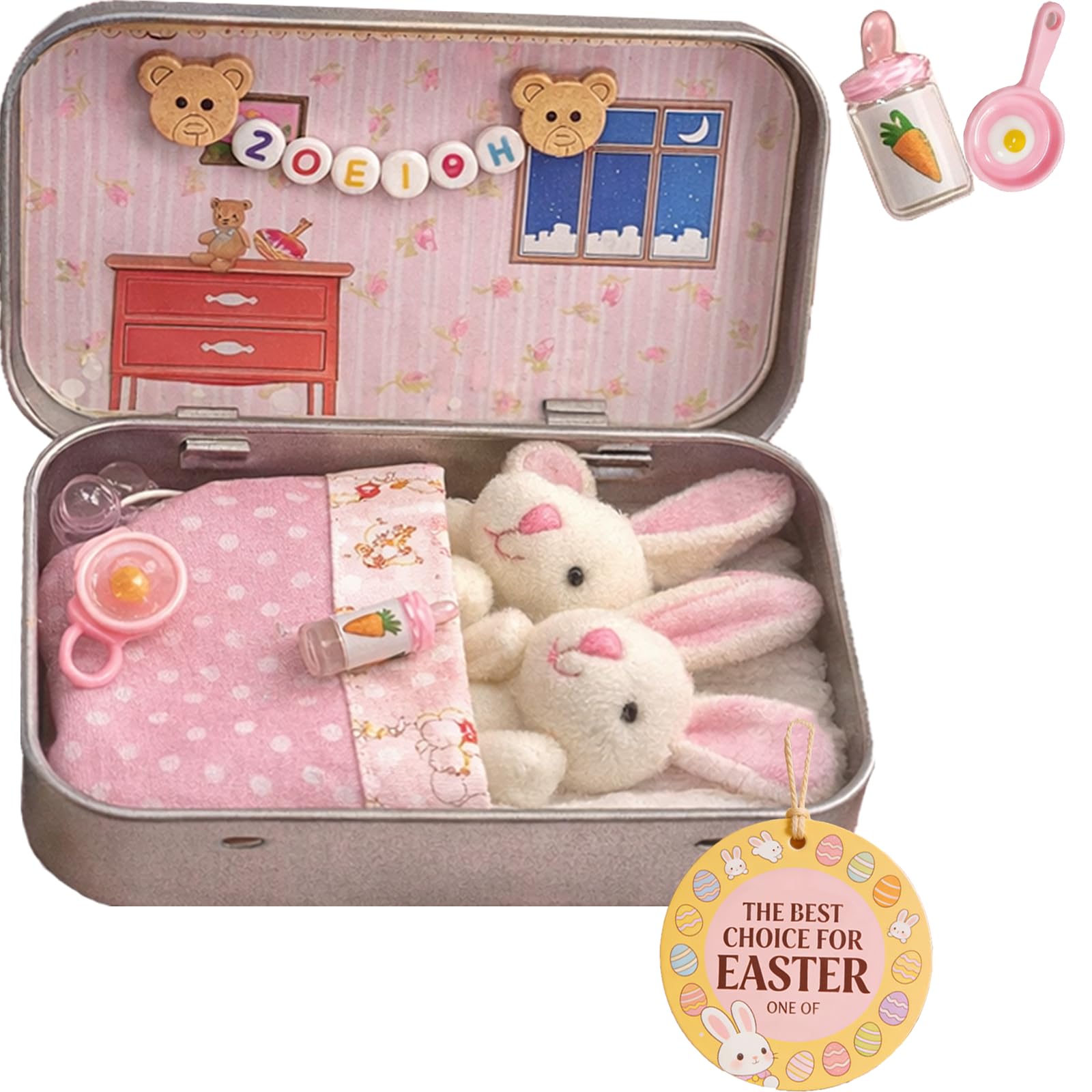 Easter Bunny Toys Hug in a Box, Little Pocket Bunny, Easter Plush Mummy and Baby Bunnies in Pocket Tin, Handmade Soft Rabbit Doll for Role Play Sibling Gift, Colors Mini Cute Toys(Pink)