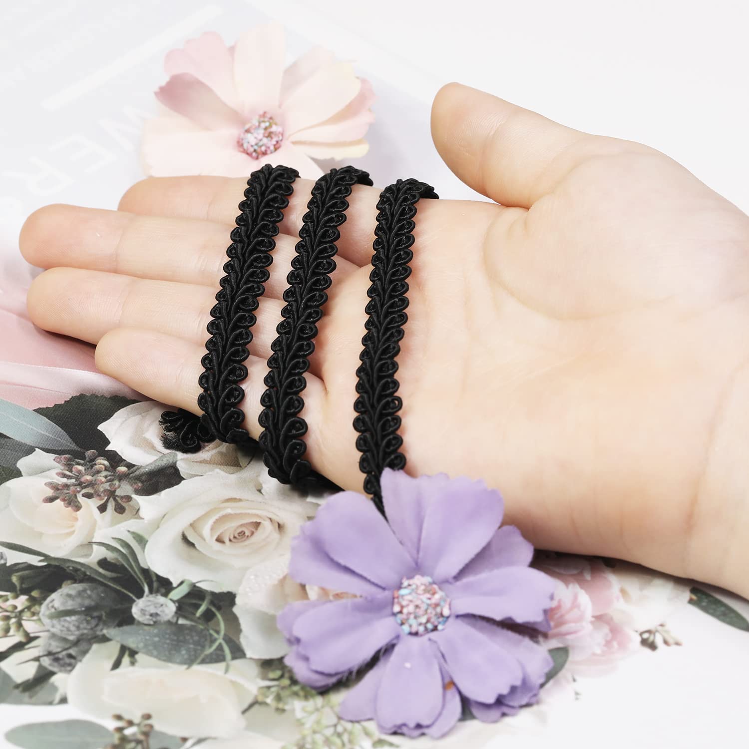 Gimp Braid Trim 22 Yards 0.8cm/0.3in Black Fabric Decorative Webbing for All Kinds of Sewn Garments Curtains,Lampshade - Image 3