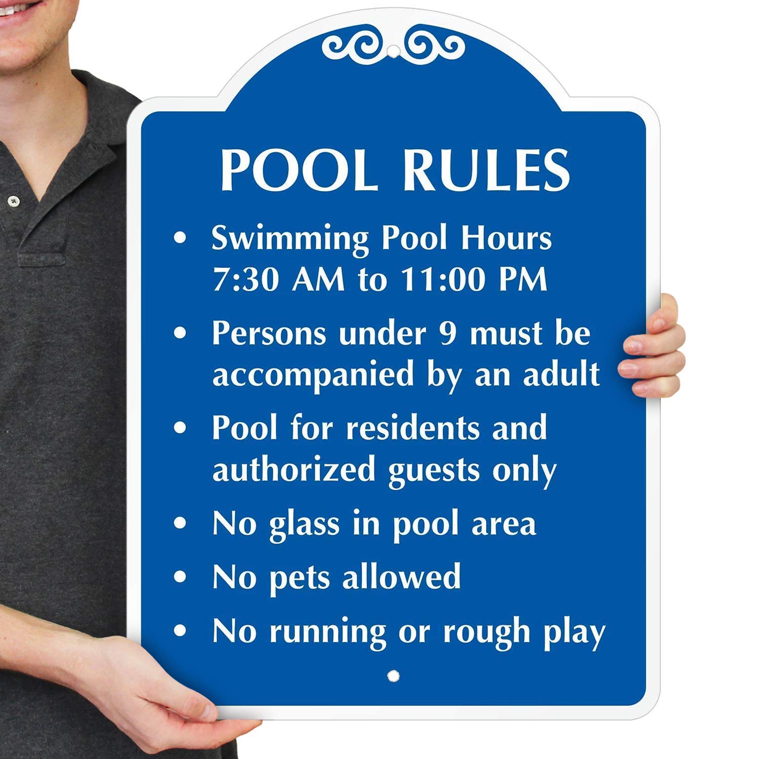SmartSign 24 x 18 inch Custom Pool Rules - Add Pool Hours, Age Limit, Restrictions, Prohibitions Designer Metal Sign, 80 mil Laminated Rustproof Aluminum, Blue and White