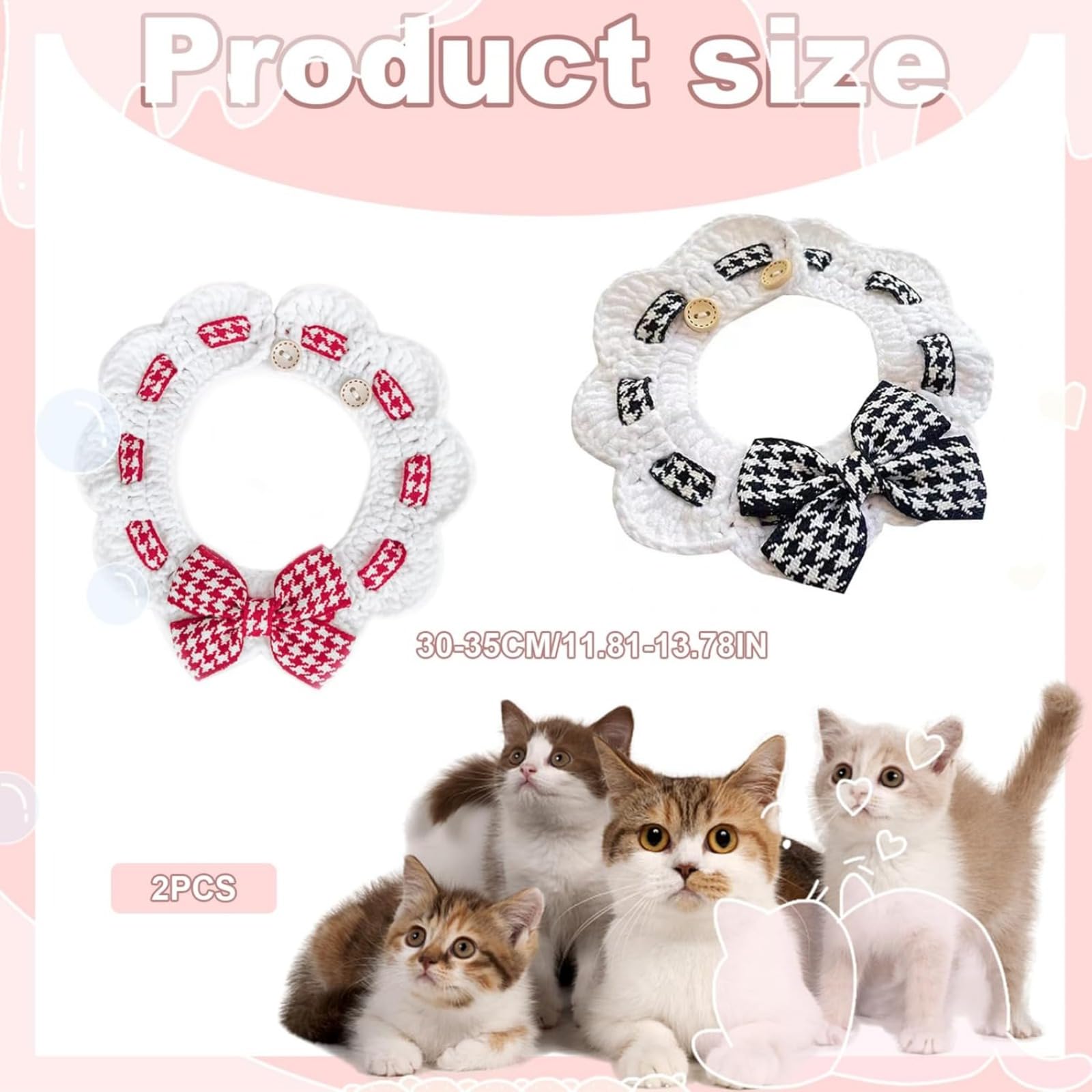 2PCS Handgemachte gestrickte Katzenhalsbänder Knopfverschluss 12 14 Verstellbarer Hals Katzenhalsband Breakaway für den täglichen Gebrauch Fotos für 575kg Catsvibrant Farben Haustier