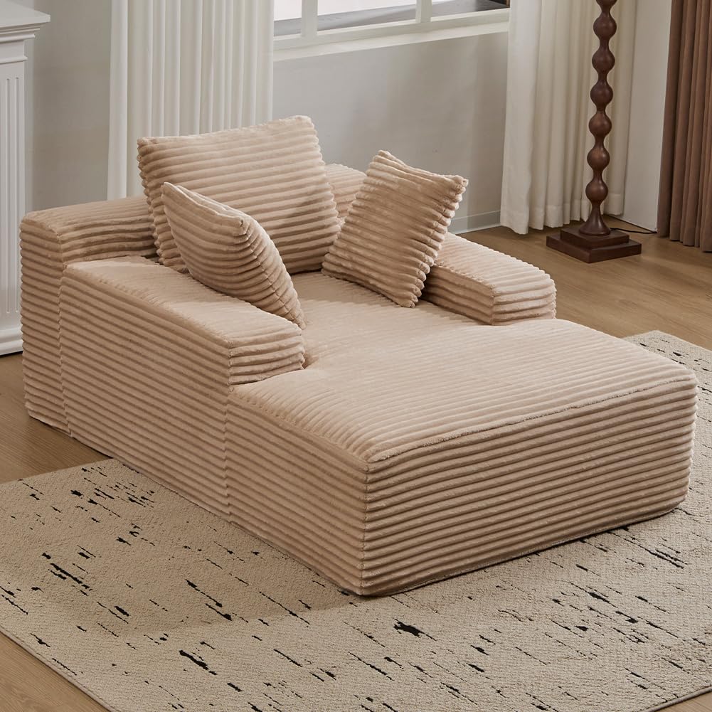 Oversized Chaise Lounge Sofa Chair Indoor Modern Corduroy Single Sleeper Couch Chair with 3 Soft Pillows Boneless Cloud