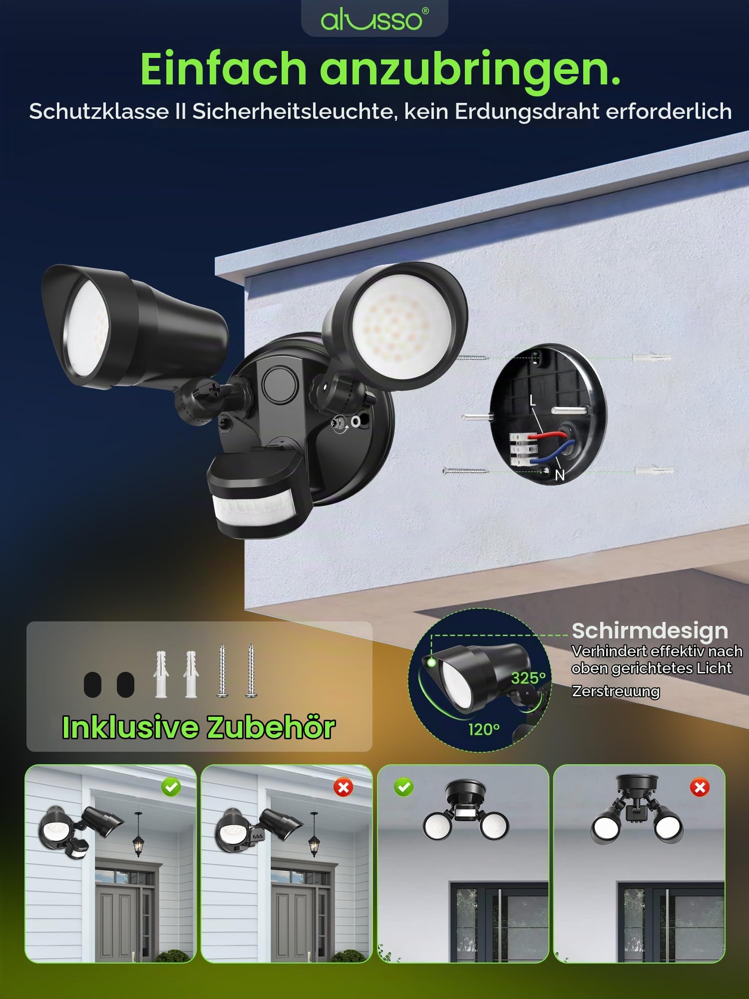 ALUSSO 30W 3000LM LED Strahler mit Bewegungsmelder Außen für Garage Hof | 3 Modi: Auto/Dusk to Dawn/Manual Override, CCT: 3000K Warmweiß/4000K Neutralweiß/6500K Kaltweiß, Schutzart IP65, Doppelköpfig