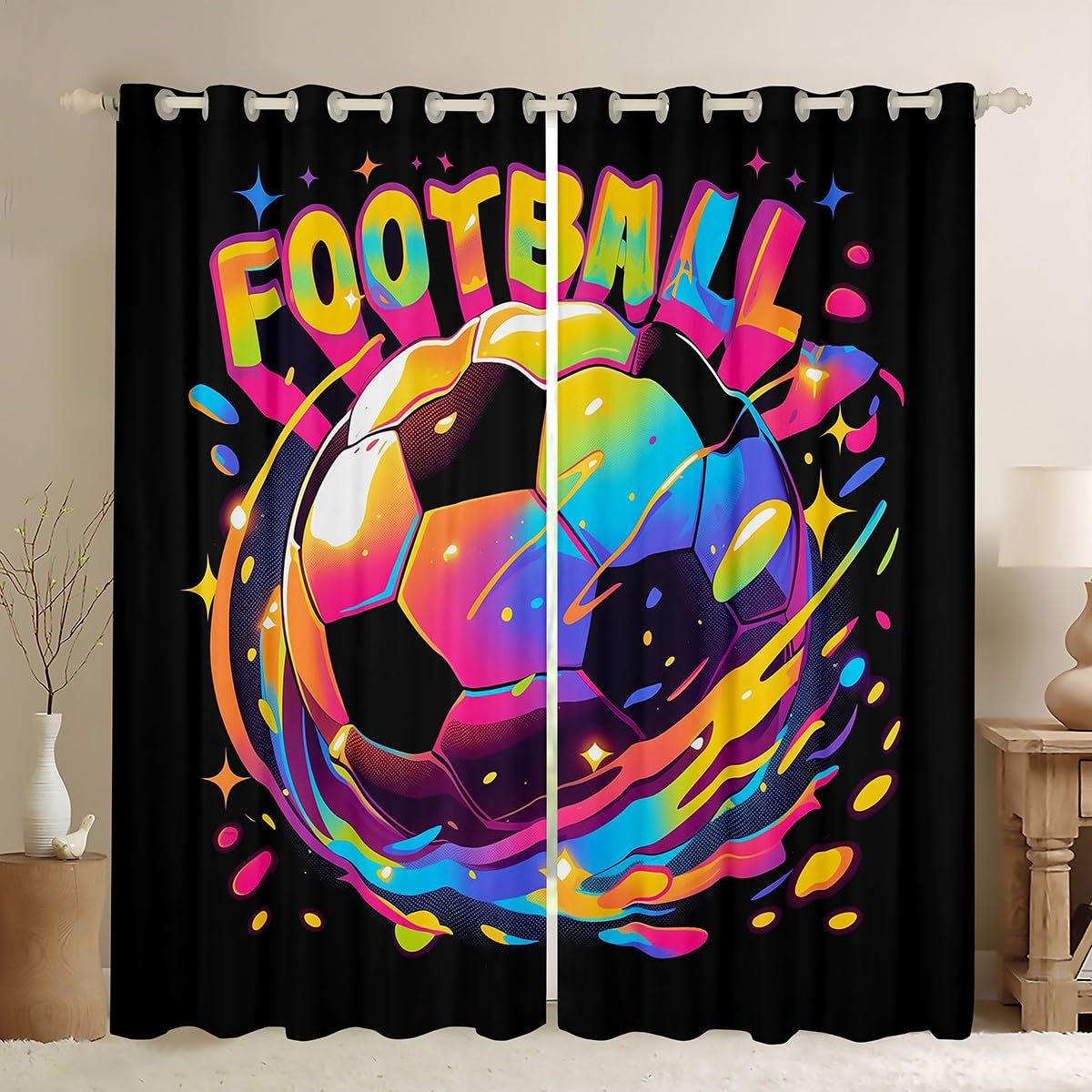 Homemissing Kids Boys Soccer Window Drapes Football Soccer Curtains Ball Sports Game Window Curtains for Bedroom Living Room Rainbow Ball Gaming Soccer Blackout Curtains, W52*L63,2 Panels