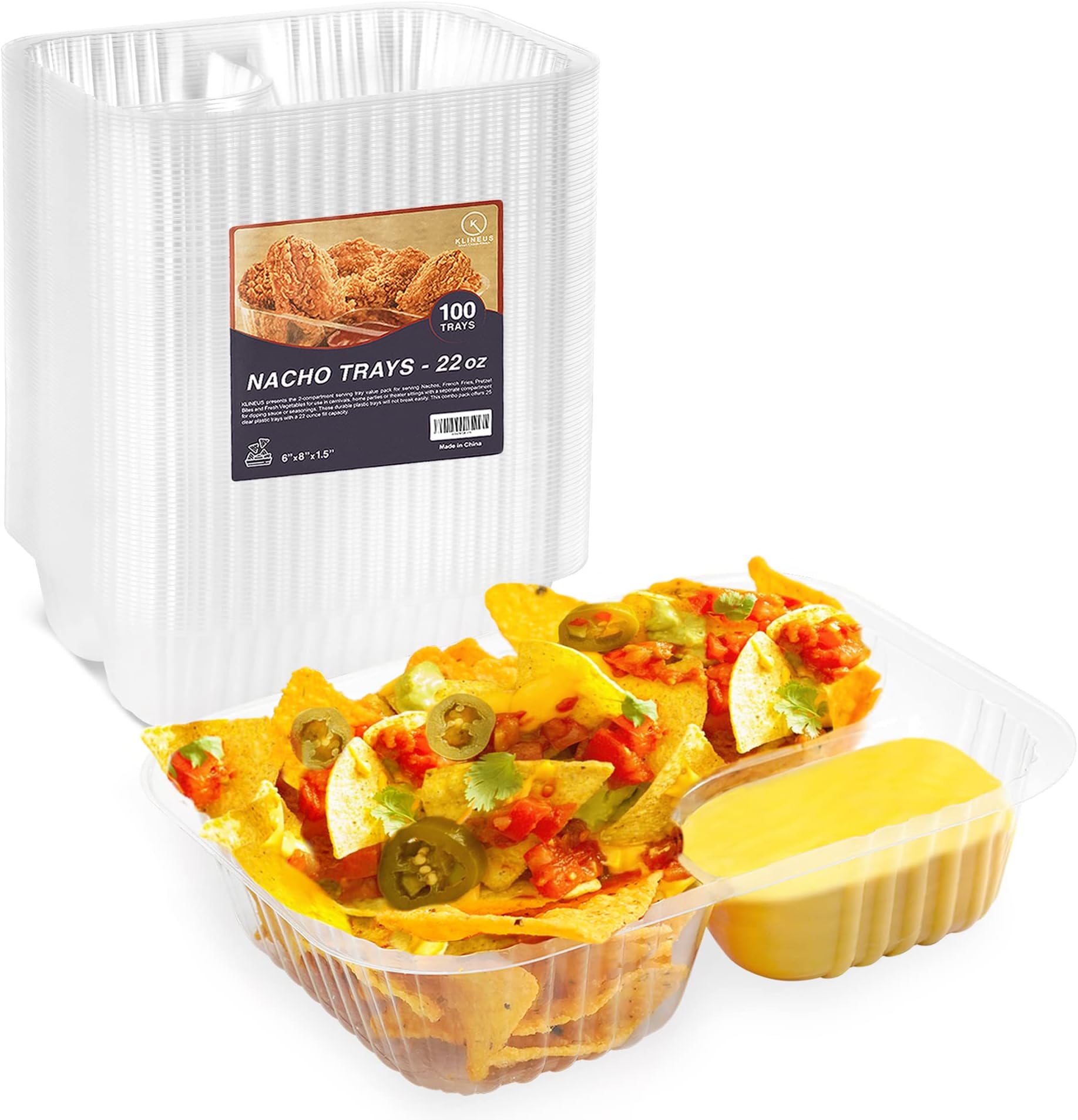 100 Pcs Nacho Trays - Large 6"x8" Disposable 22 Oz - 2 Compartments Clear Plastic Nacho Containers with Chip and Dip Holder - Ideal For All Occasions