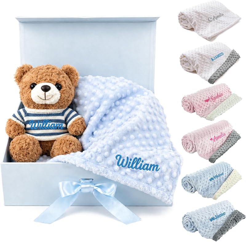 Personalized Baby Blanket and Plush Bear Set, Custom Baby Blankets & Bear with Embroidery Name, Gift Set for Boys Girls, Keepsake for Newborn, Baby Shower, Birthday