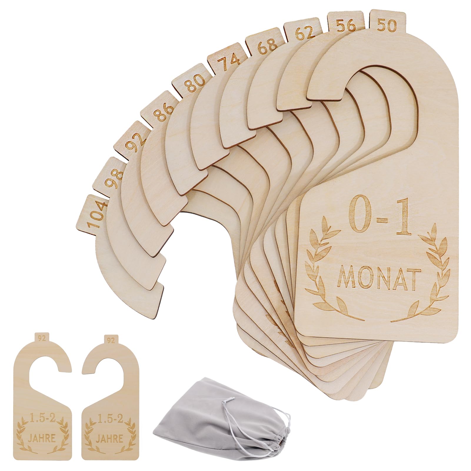 10 Stück Größentrenner Baby Beidseitiger Druck,Babykleidung Trenner 50-104 + Tasche, Baby Kleiderbügel Babykleidung Kinderkleiderbügel Holz, geeignet Für Kleidung Von Neugeborenen Bis Zu Kleinkindern