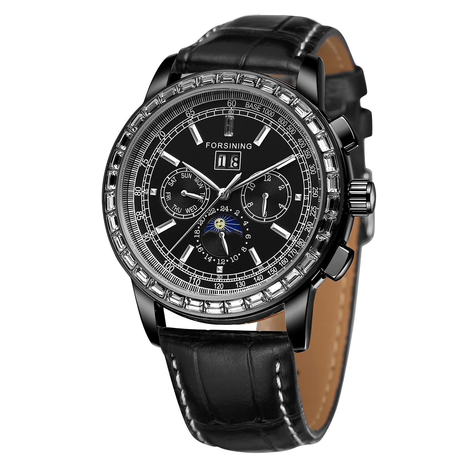 Mens Self Winding Calendar Black Leather Strap Fashion Moon Phase Mechanical Automatic Watch-image-5