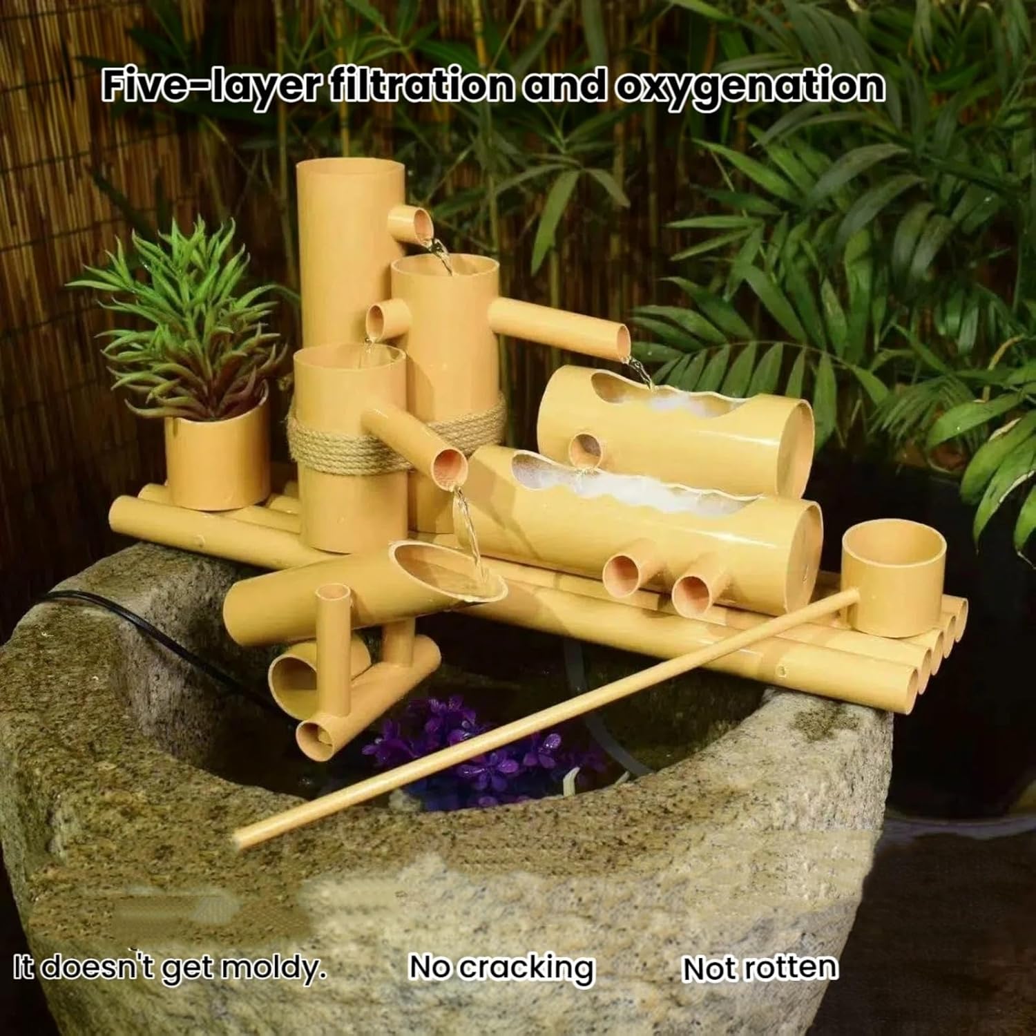 PVC Material Cascade Water Fountain, Cascading Pond Fountain with Pump, Asian Style, Corded Electric, 24 x 6 x 12 Inches