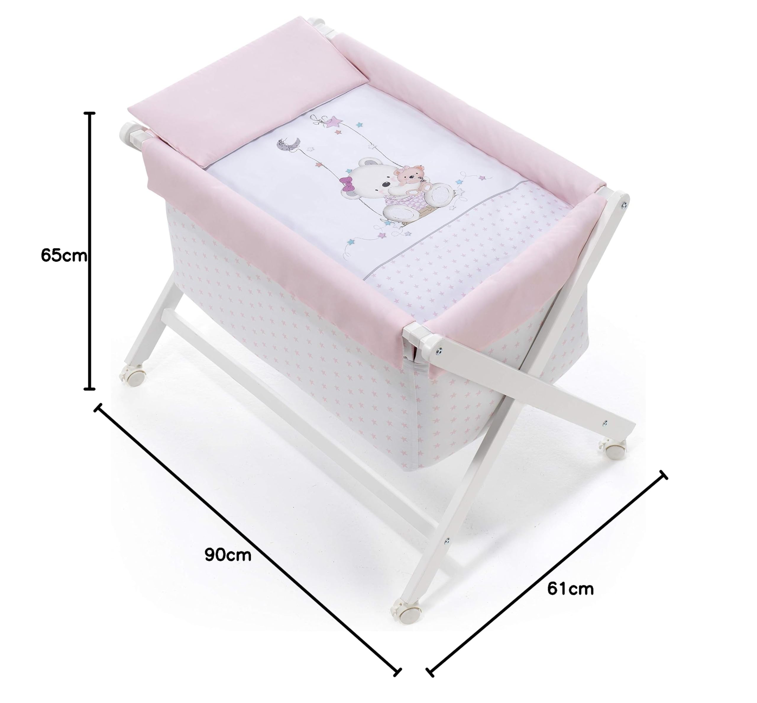 mibebestore Minicuna Plegable Columpio Rosa : Estructura + Vestidura + Colcha Desenfuntable + Colchón + Almohada