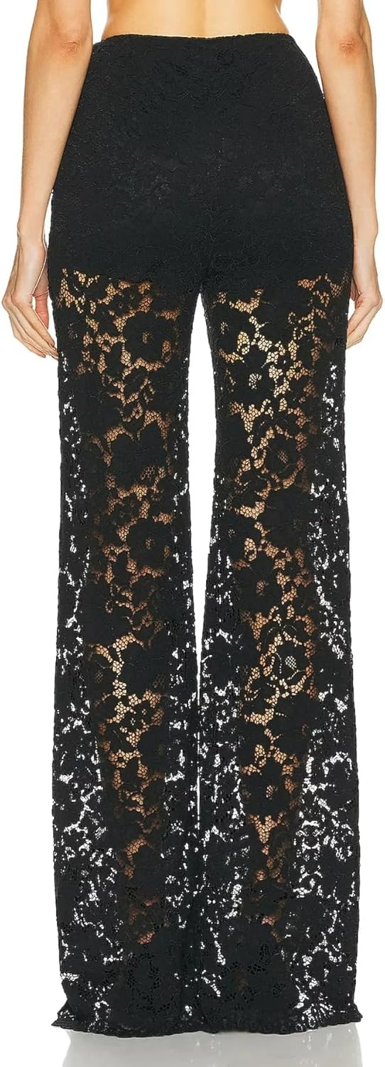 Lace Bell Bottom Pants for Women Sexy See Through Flare Leggings Hollow Out Mesh Sheer Cover Up Trousers - Image 4