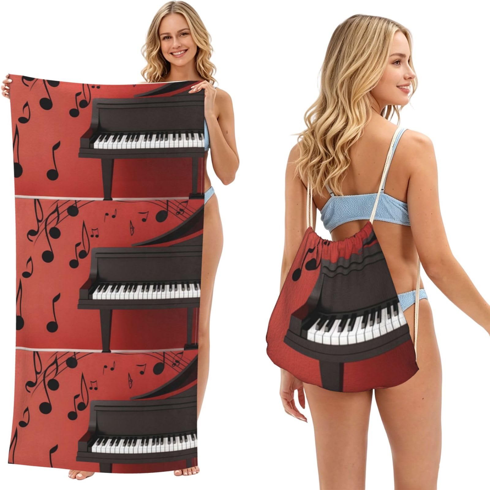Poadnly As Picture Music Note Piano Printed, 2 In 1 Packable Towel Bag, Beach Towels With Drawstring Backpack For Travel Holiday Camping