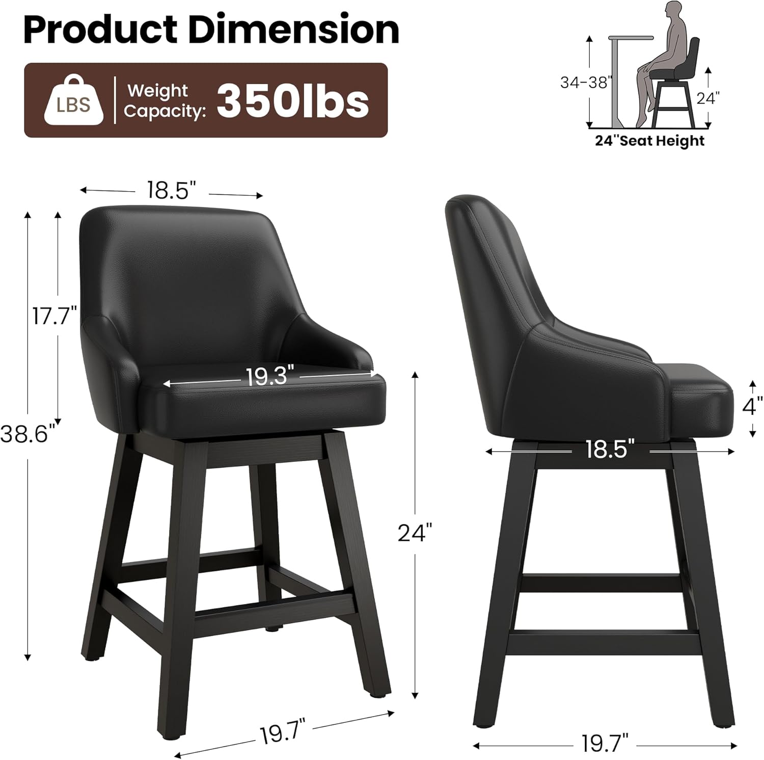 REONEY Swivel Bar Stool Set of 3, 24" Upholstered Counter Height Barstools with Back & Solid Wood Legs, Modern Faux Leather Kitchens Island Chair for Dining Room Pub, Black