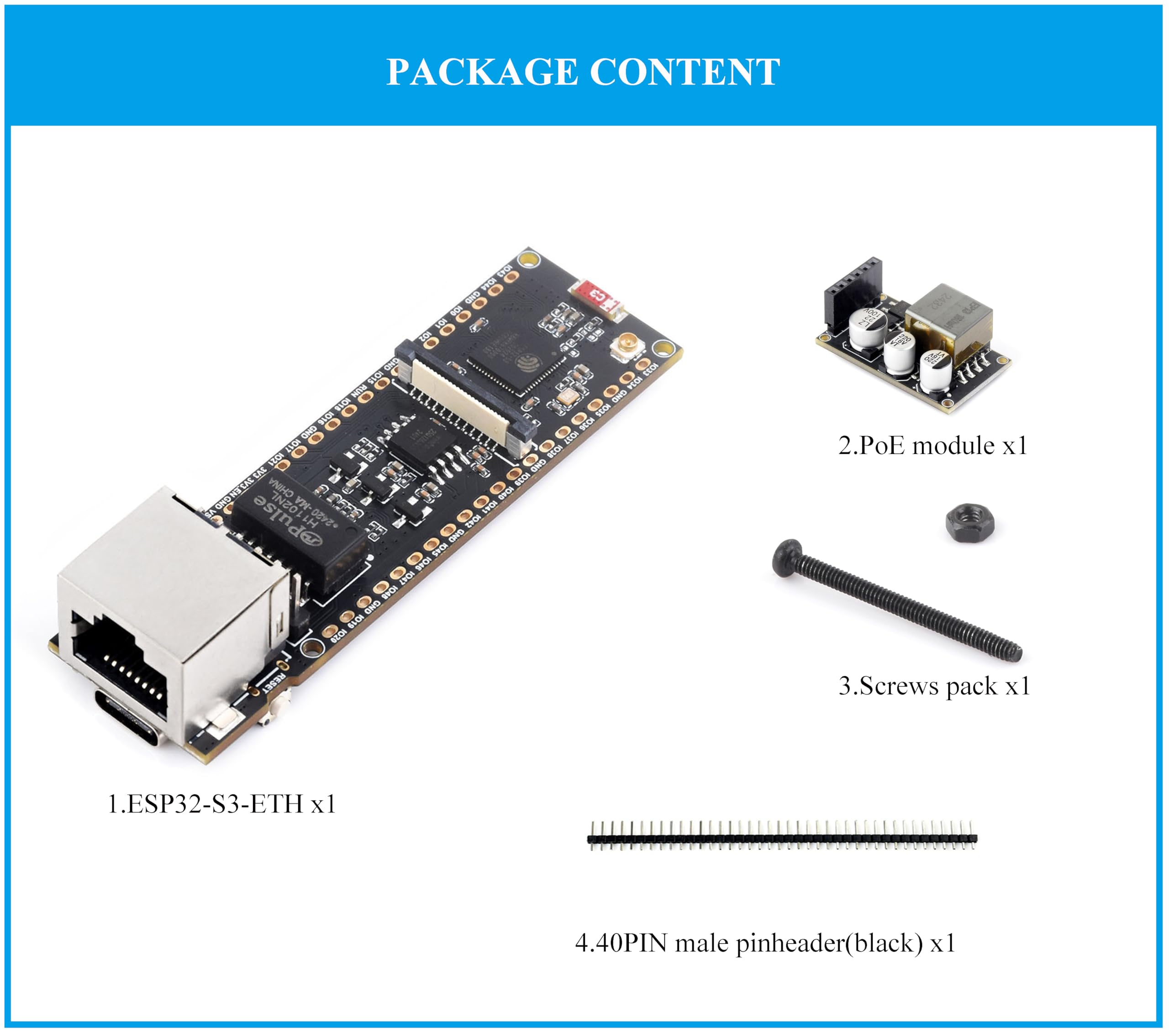 2 x płyta rozwojowa Ethernet PoE ESP32-S3, port RJ45 ETH 10/100 Mb/s, dwurdzeniowy procesor 240 MHz, zintegrowany port typu C i gniazdo kart TF, obsługa komunikacji WiFi