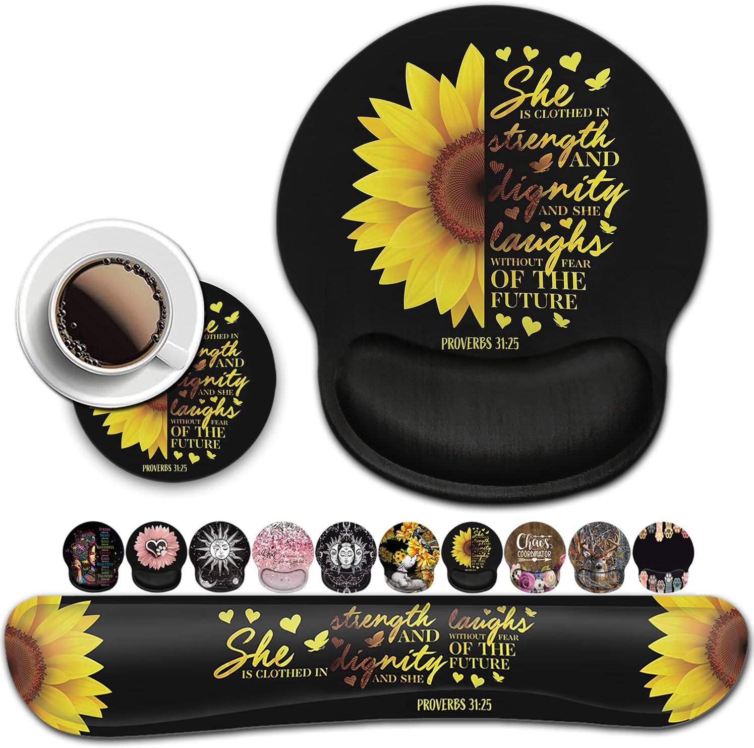 Mouse Pad Keyboard Wrist Rest Coaster, Mouse Support Set,Sunflower Christian Bible Verse Black padErgonomic Memory Foam Mouse and Keyboard Pad Set for Laptop Computer Office Home Working Gaming