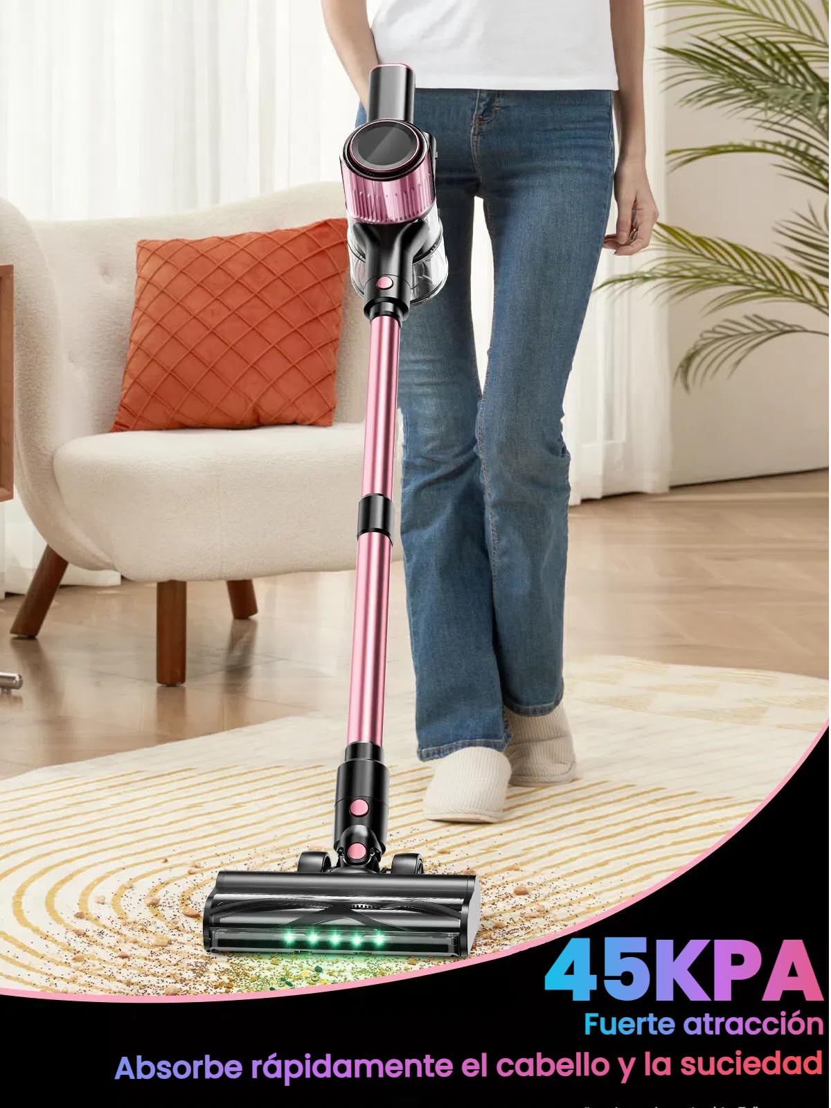 45KPa/500W Aspiradora sin Cable, Potente hasta 45 Mins con Smart Screen, 1.5L y Manguera Extensible, con Smart Screen y Cepillo Antienredos, Alfombra Pelo Mascota Suelo（Polvo）