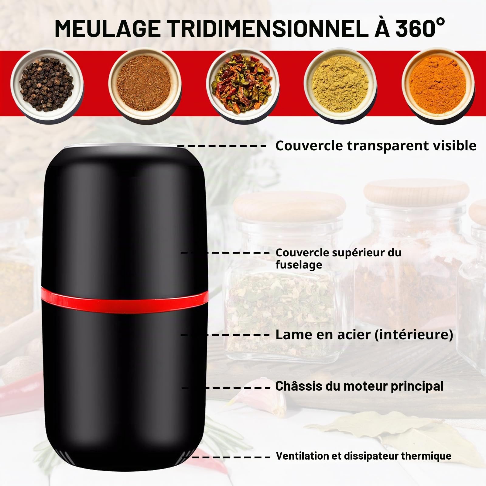 Moulin à Café Électrique - Broyeur de Pilules et d'Épices - Pour les Grains de Café, Noix et Épices - Noir