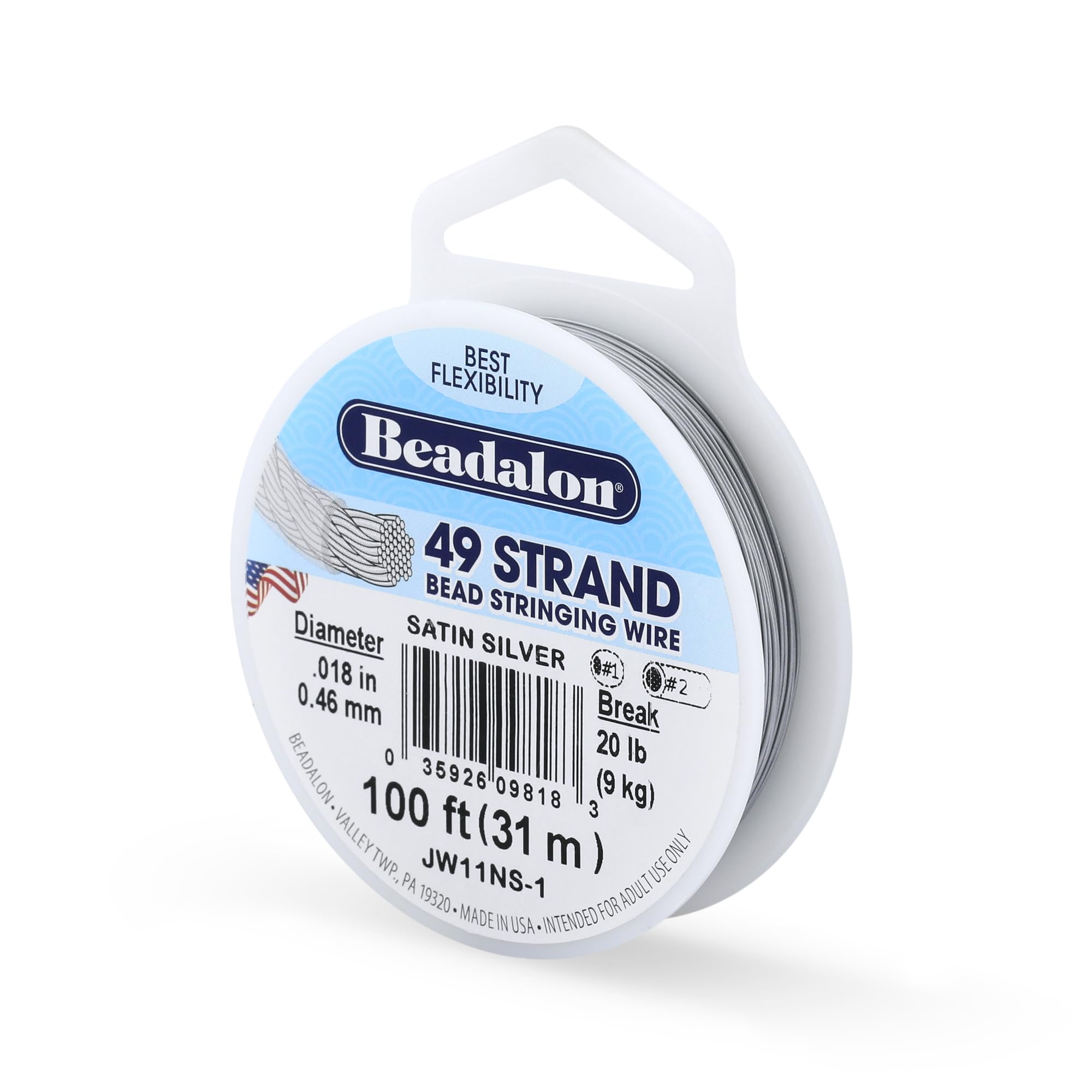 Beadalon 0.46 mm Diameter 31 m Reel 49 Strand Wire, Satin Silver