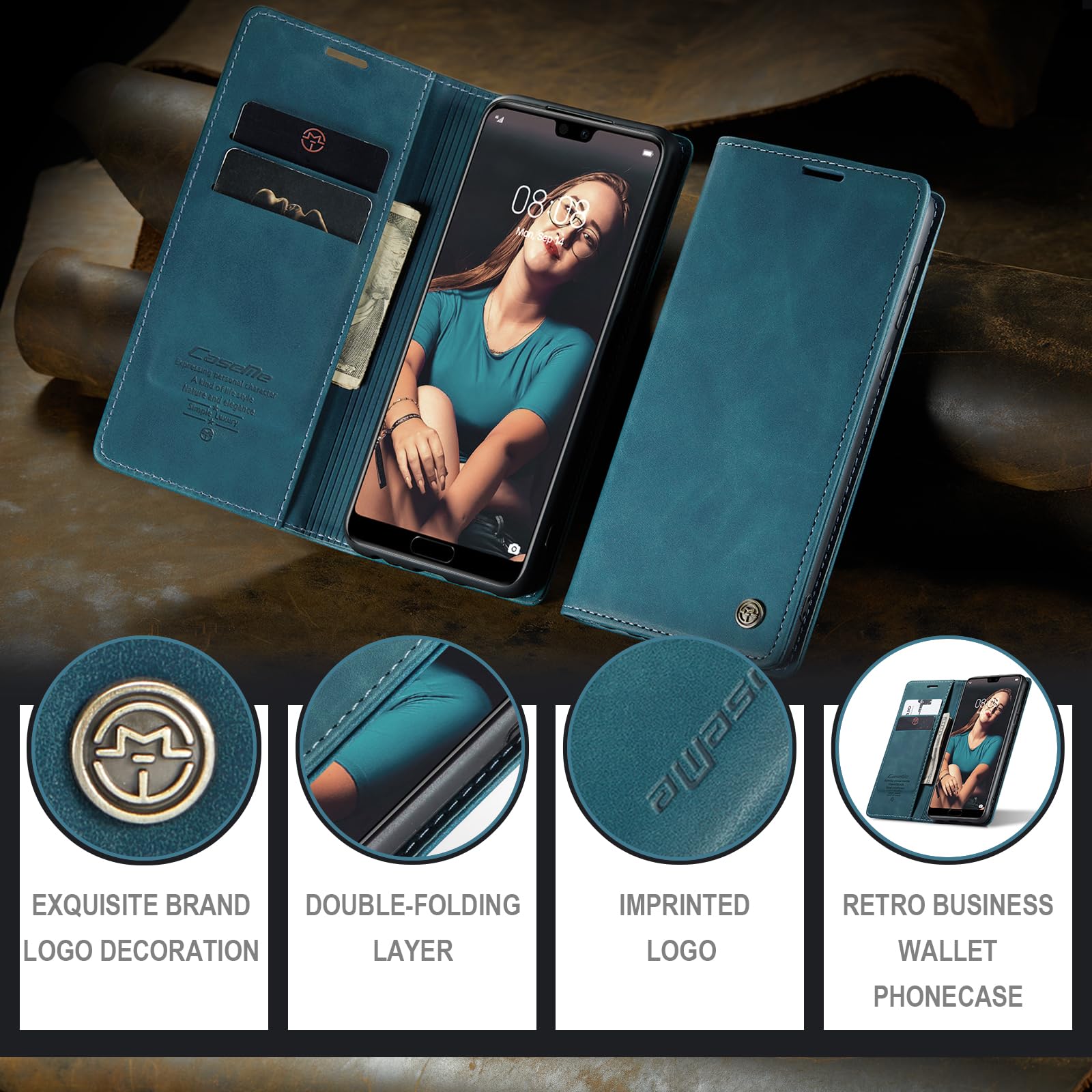 for Huawei P20 Case, Wallet Case Flip Leather with Card Holder Magnetic Closure Shockproof Kickstand Protective Phone Cases Cover for Huawei P20,Blue-Green — view 8