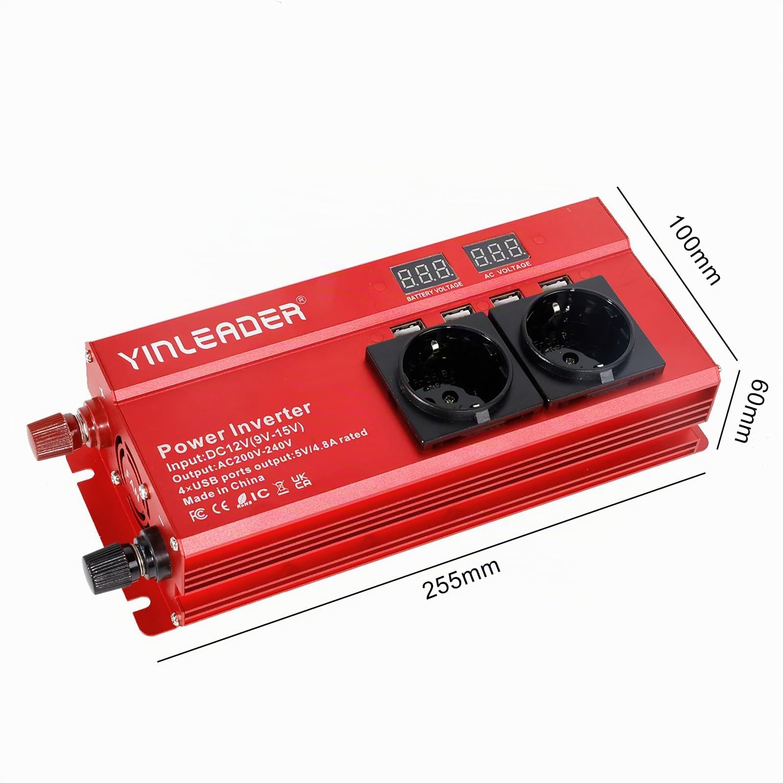 Convertisseur de tension 12 V 230 V 1000 W/2000 W Onduleur avec 2 prises et 4 voyants de tension LED USB