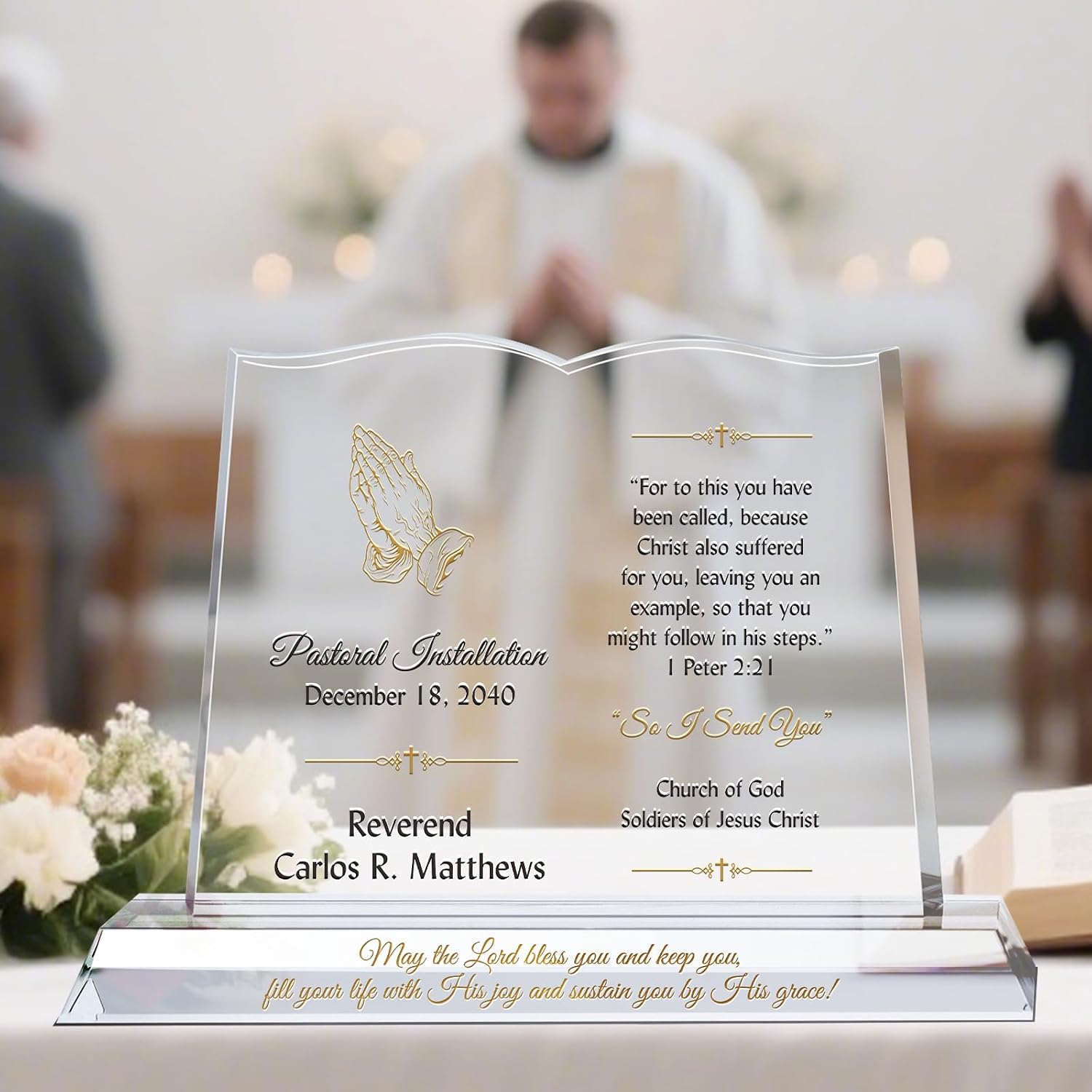 Custom Bible-Shaped Pastor Installation Plaque – Personalized Crystal Welcome Gift for New Minister or Church Leader (L - 12")