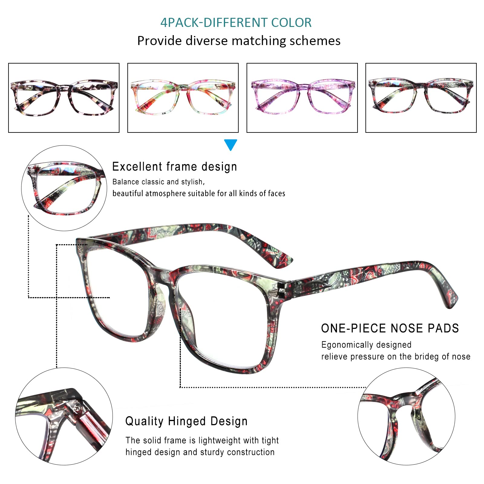 HENOTIN Lesebrille für Damen, mit Federscharnier, blaues Licht, modisches Muster, für Frauen (Leser mit Musterdruck, 2,0, Dioptrien)