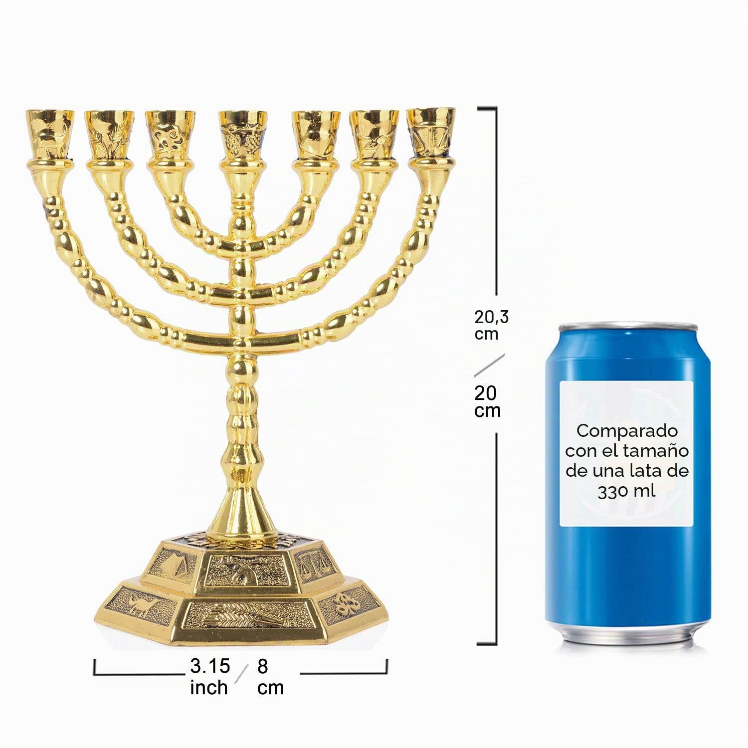 BRTAGG Menorah 7 Ramas, 12 tribus de Israel, candelabro judío con Base Hexagonal (20 cm, Oro)