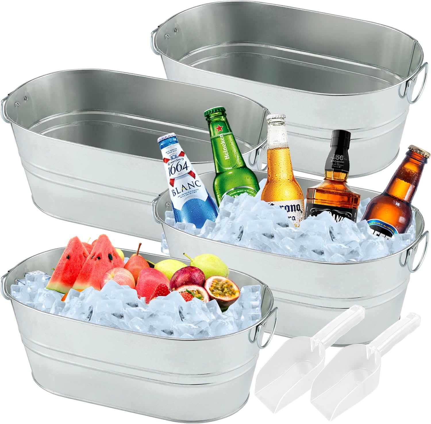 4PCS 3 Gallon Galvanized Tub Champagne Bucket with Carry Handle Large Metal Drink Buckets with Scoops for Home Bar Beer Champagne Cocktails Cooling Supplies