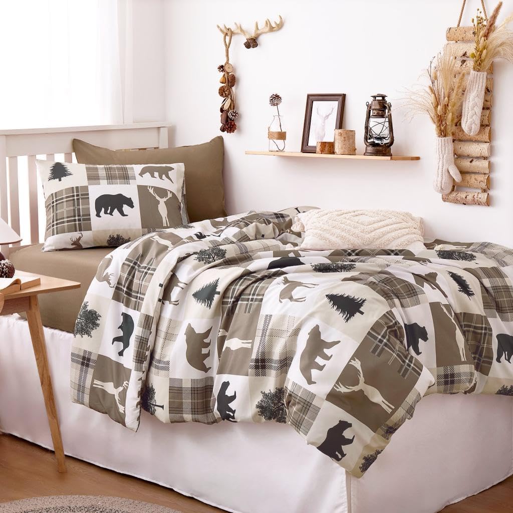 Wake In Cloud - Rustic Comforter Set, Cabin Christmas Lodge Western Country Bear Deer Moose Woodland RV Outdoor Theme, Soft Lightweight Bedding, 3 Pieces, Taupe, Twin/Twin XL Size - Image 3