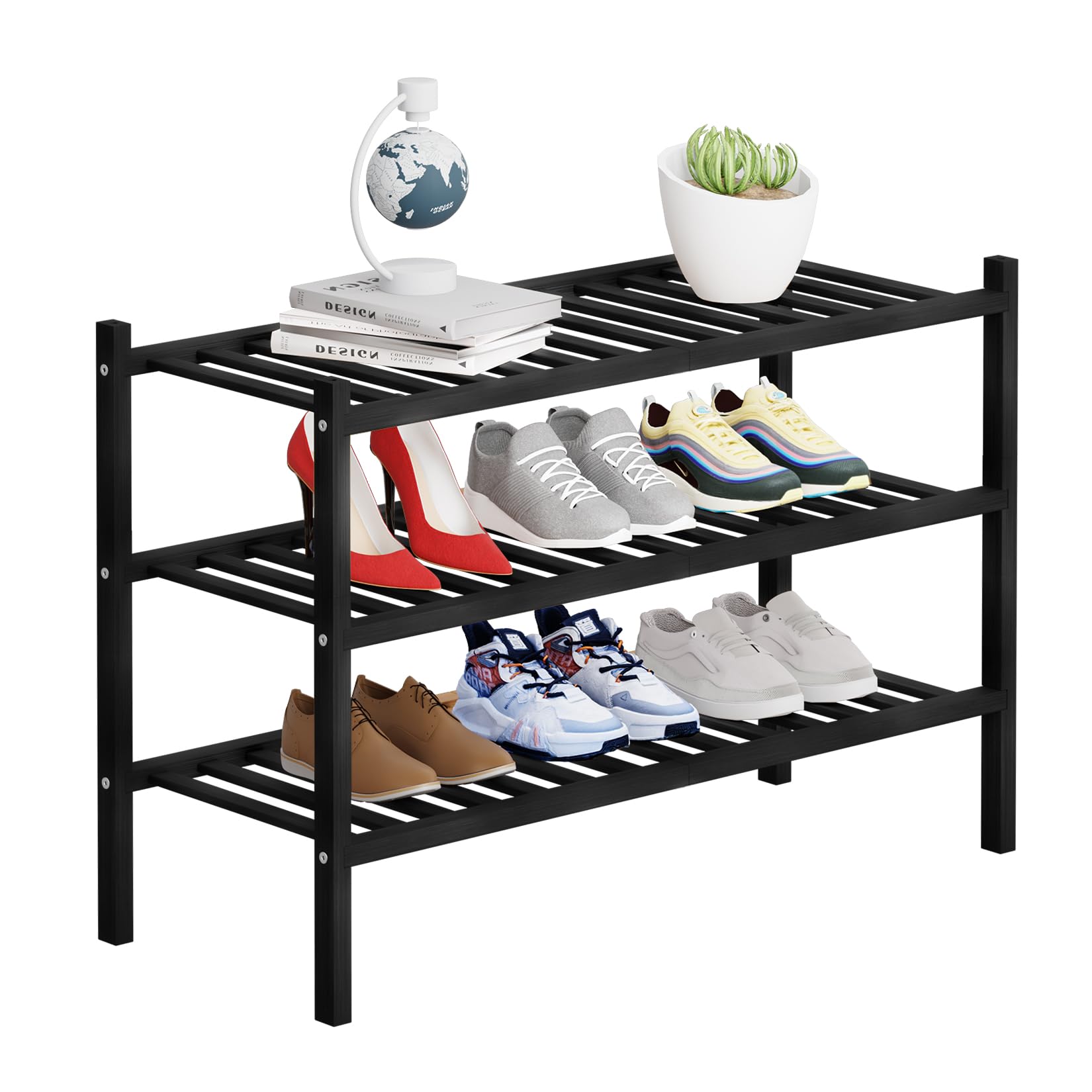 Buymoth 3 Tier Bamboo Shoe Rack Storage Organizer for Closet, Multifunctional Stackable Free Standing Shoe Shelf Organizer for Small Space,Entryway,Hallway,Bathroom 27