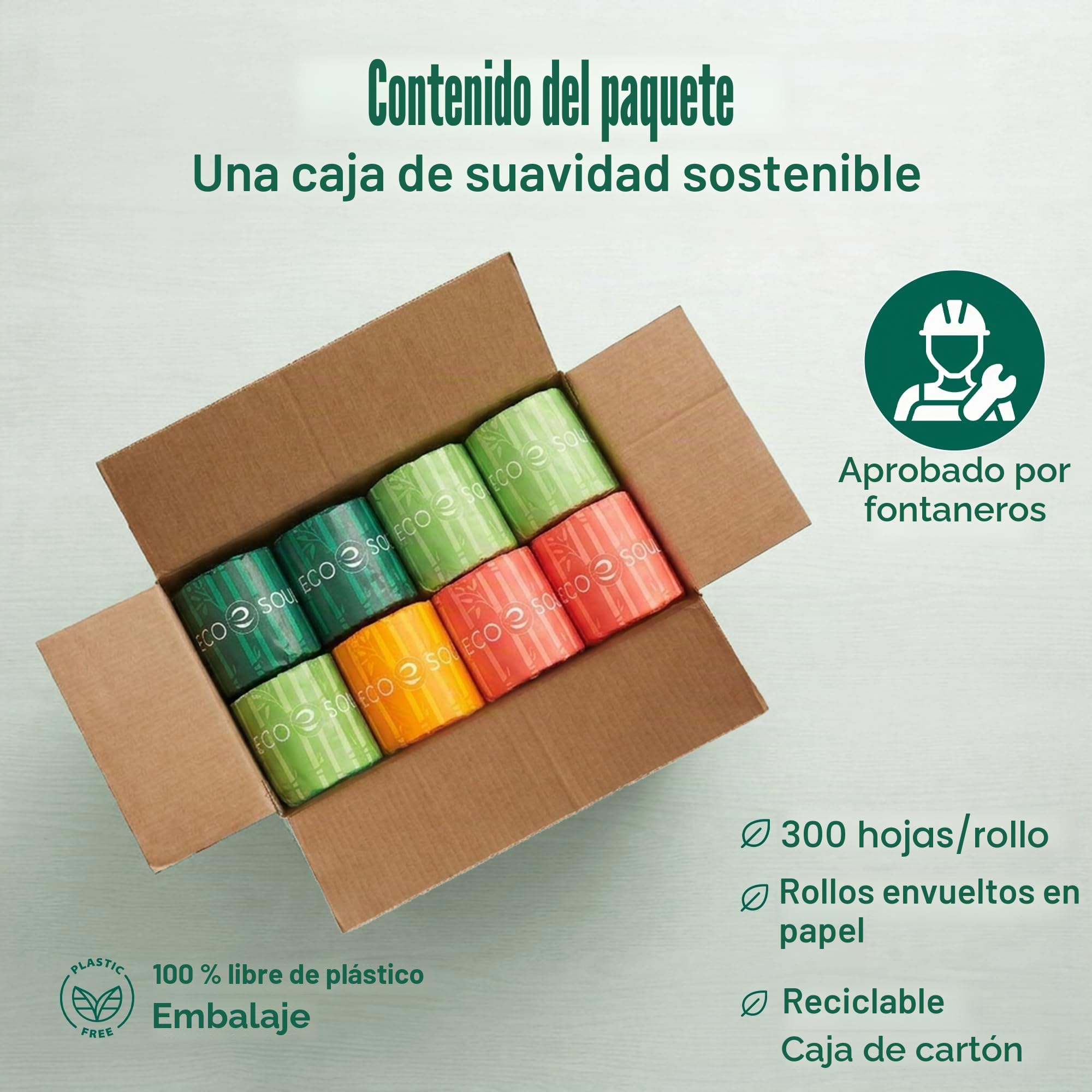 ECO SOUL Papel higiénico de bambú, 24 megarrollos, 3 capas, 300 hojas por rollo, papel higiénico ecológico y seguro para sépticos, papel higiénico sostenible, compostable, certificado FSC