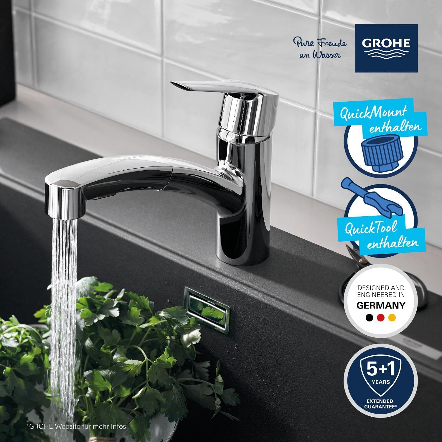 GROHE Start, Niederdruck Küchenarmatur 2 Strahlarten (Wasserhahn Küche für offene Warmwasserbereiter, herausziehbare Brause, 90° schwenkbar, wassersparend, werkzeugfreie Montage), chrom, 1012400000