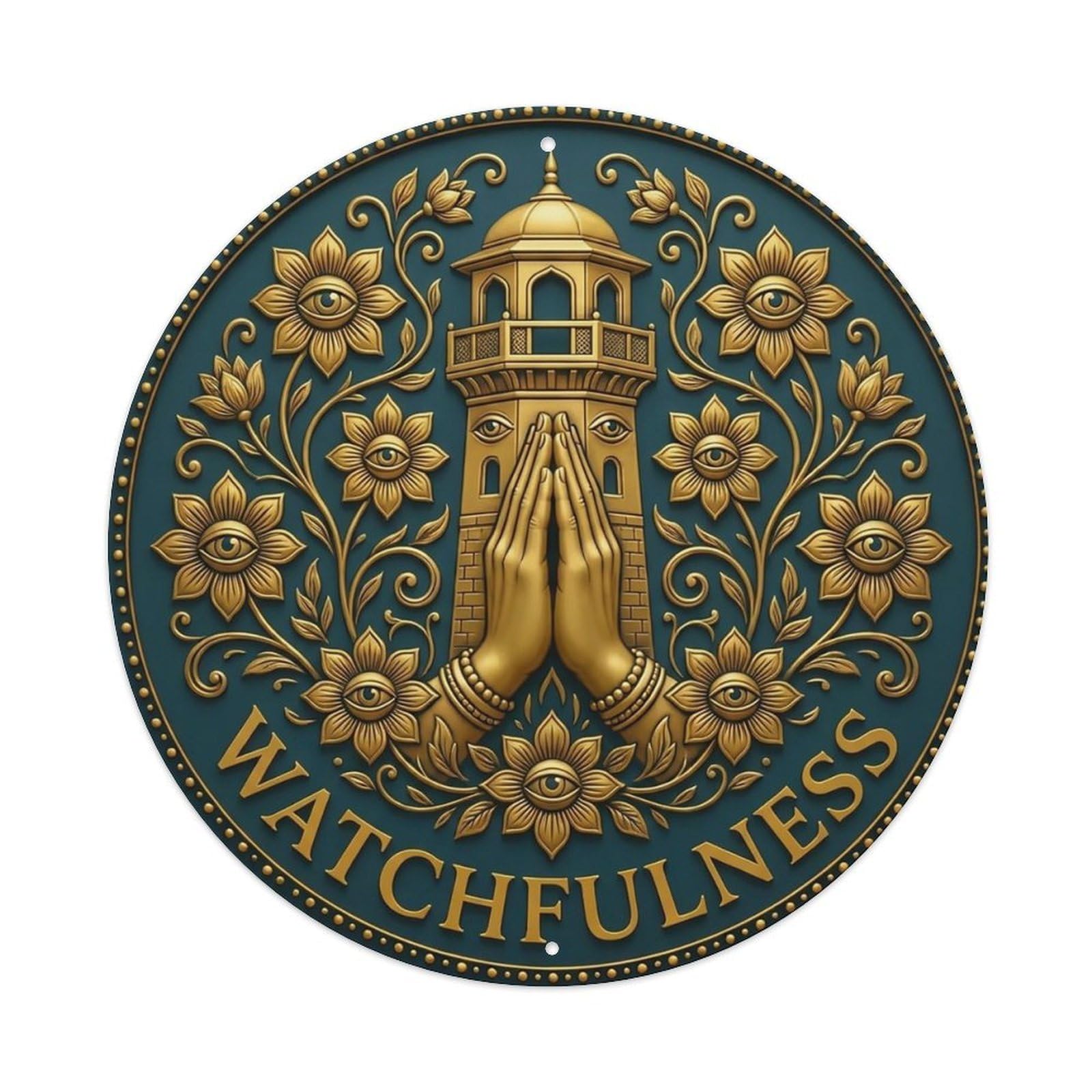 Vintage Namaste Praying Hands Watchfulness Flower Zen Yoga Metal Tin Sign