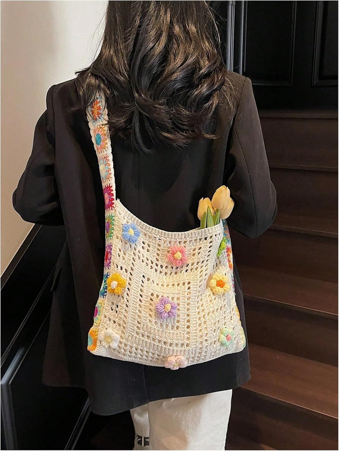 QWINEE Women's Boho Embroidery Crossbody Bag Hollow Out Crochet Knit Shoulder Bag Tote Handbag
